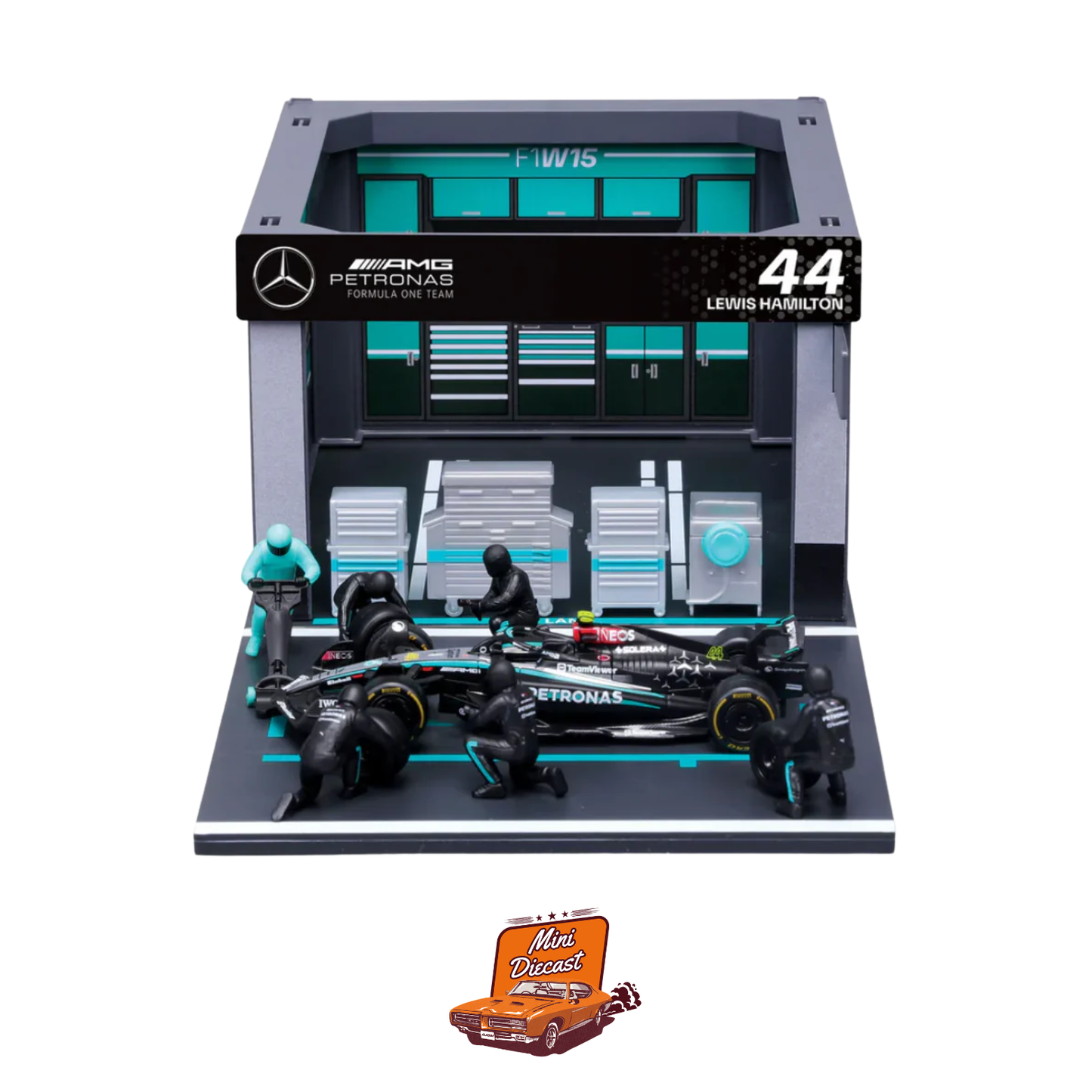 Bburago Pit Pass F1 Diorama Mercedes-AMG Petronas 1:43 Scale – Lewis Hamilton #44 W15 Car with 6 Figures (Imported)
