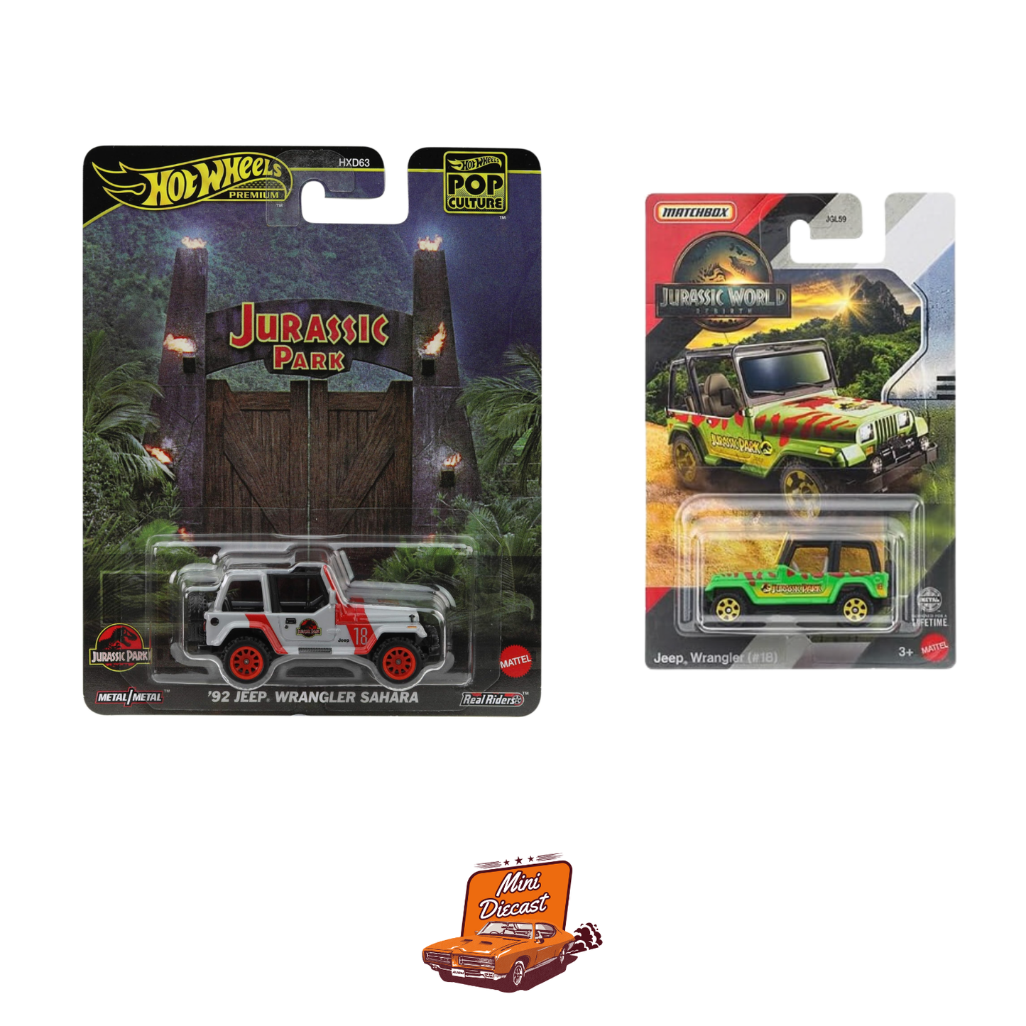 Hot Wheels Pop Culture ’92 Jeep Wrangler Sahara / Matchbox Jurassic World Jeep Wrangler (#18)