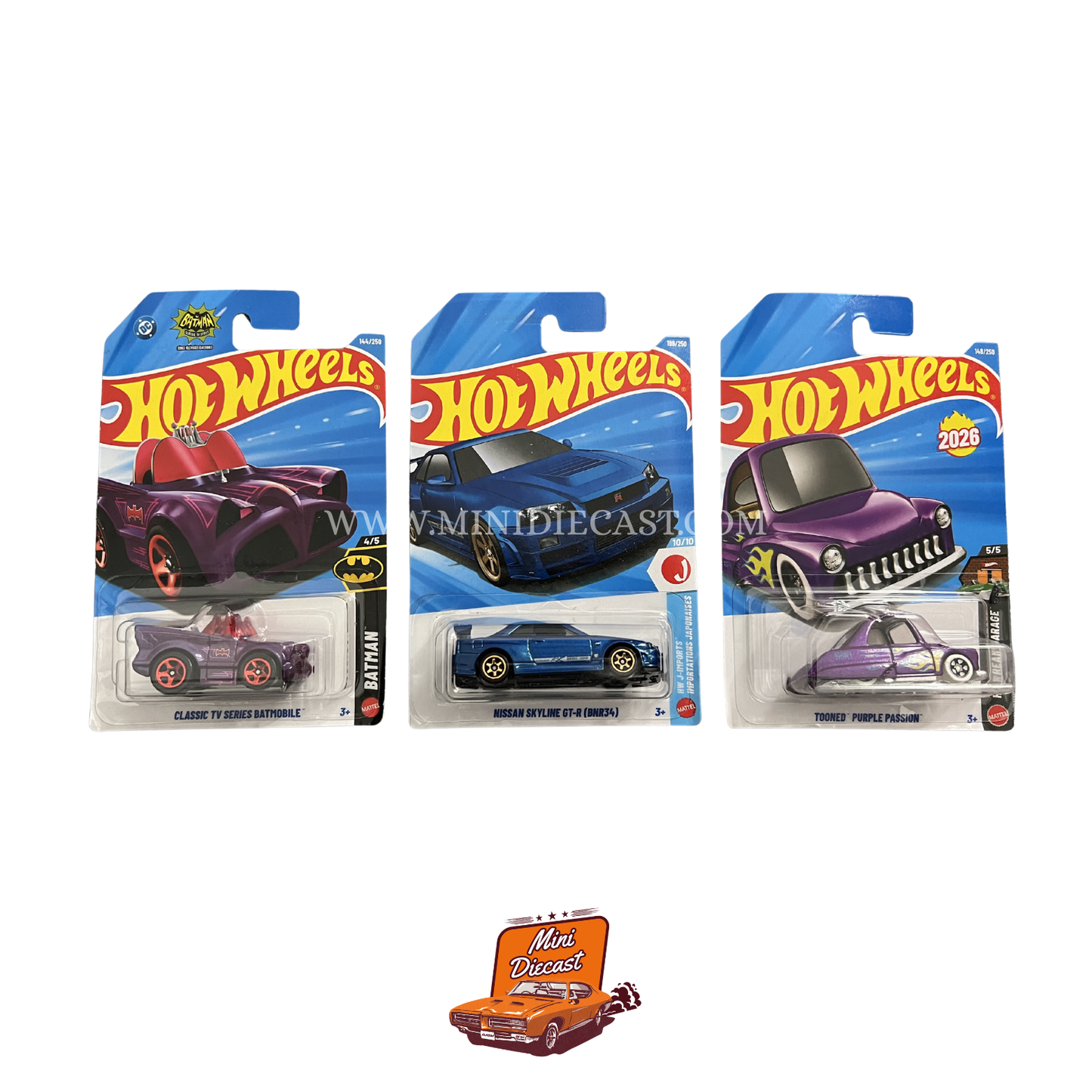 Hot Wheels Mainline (Set of 3) – Classic TV Series Batmobile / Nissan Skyline GT-R (BNR34) / Tooned Purple Passion