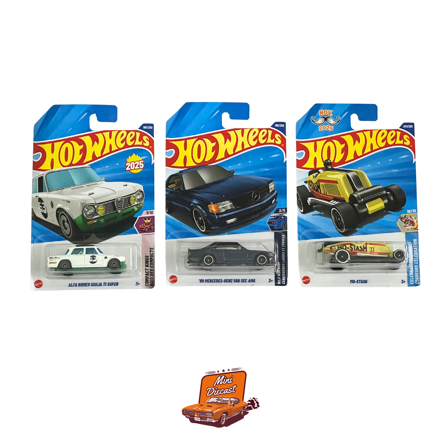 Hot Wheels Mainline (Set of 3) – Alfa Romeo Giulia TI Super / ’89 Mercedes-Benz 560 SEC AMG / Mo-Stash