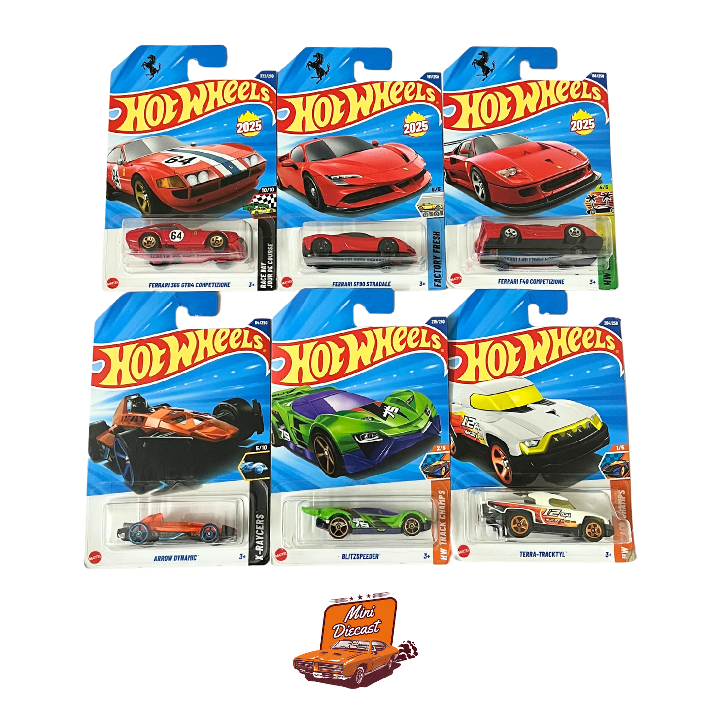 Hot Wheels Mainline (Set of 6) – Ferrari 365 GTB4 Competizione / Ferrari SF90 Stradale / Ferrari F40 Competizione / 3x Fantasy Models