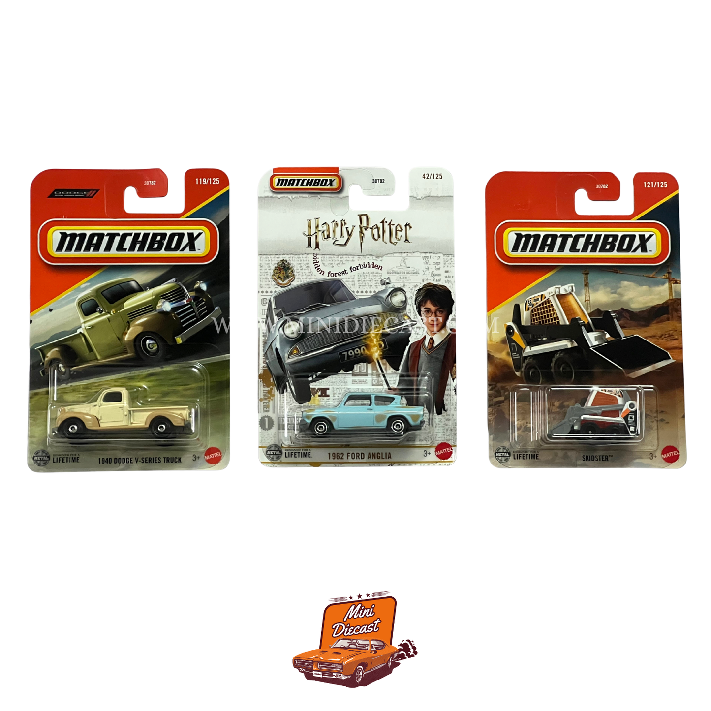 Matchbox (Set of 3) – 1940 Dodge V-Series Truck / Harry Potter 1962 Ford Anglia / Skidster