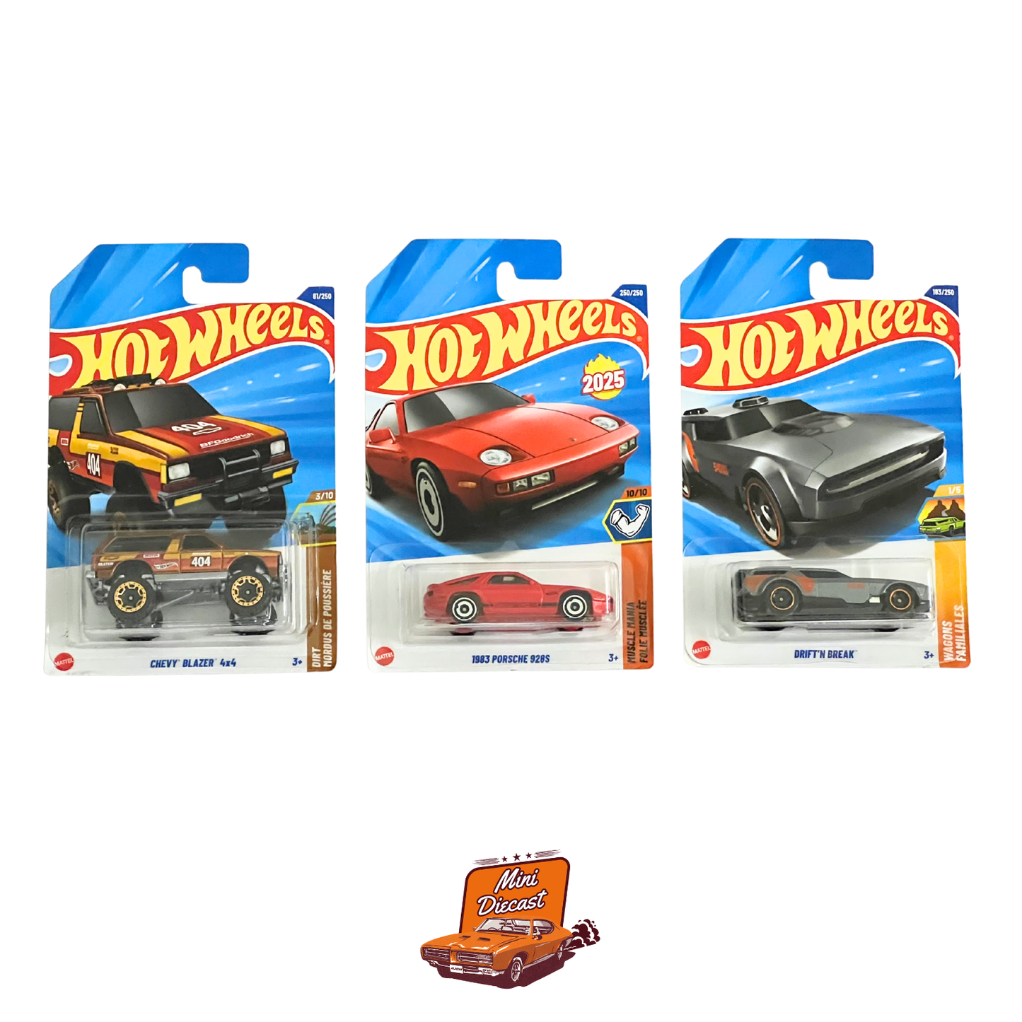 Hot Wheels Mainline (Set of 3) – Chevy Blazer 4x4 / 1983 Porsche 928S / Drift’n Break