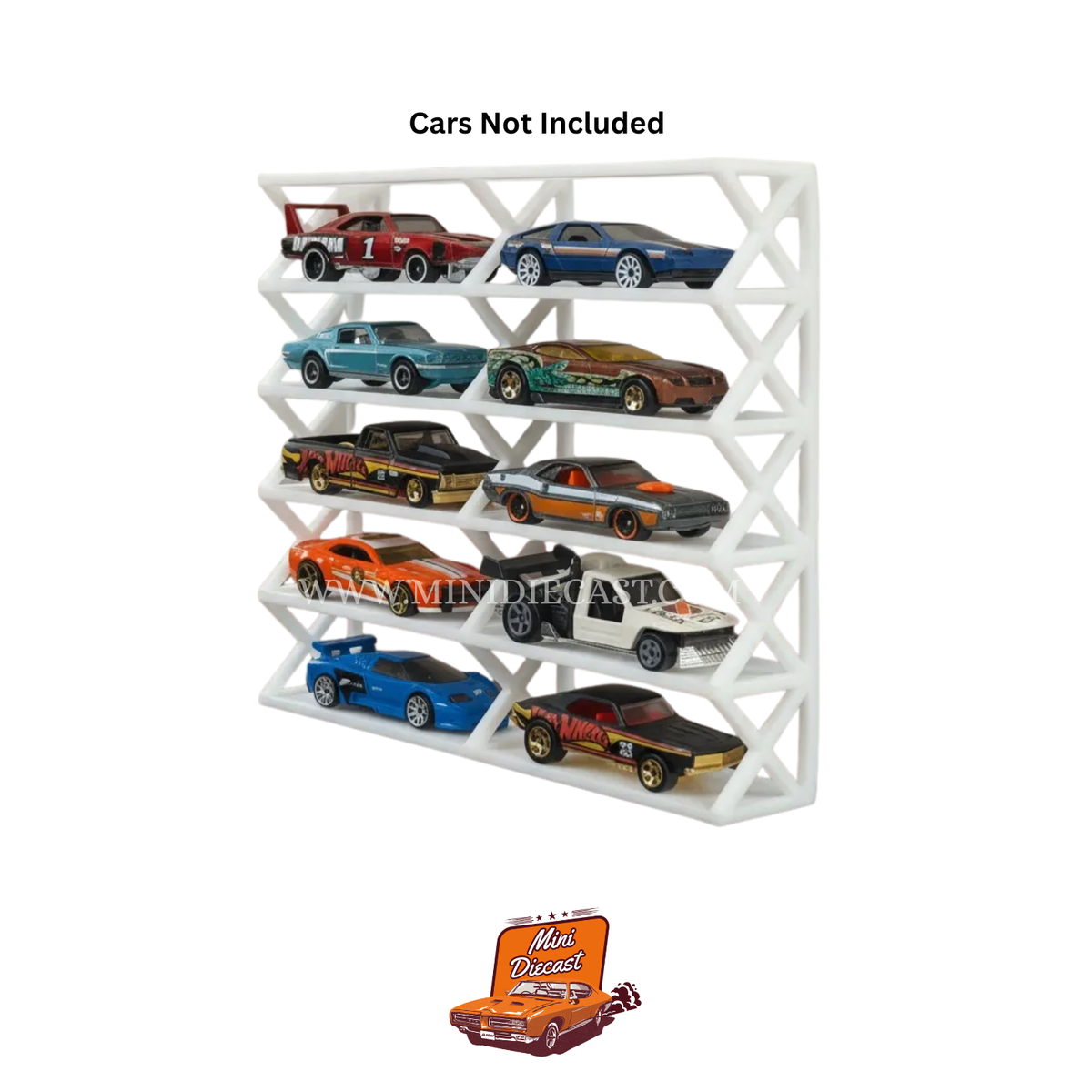 1:64 Diecast Car Wall Mounted Display Rack 3D Printed - 10 Spaces - White