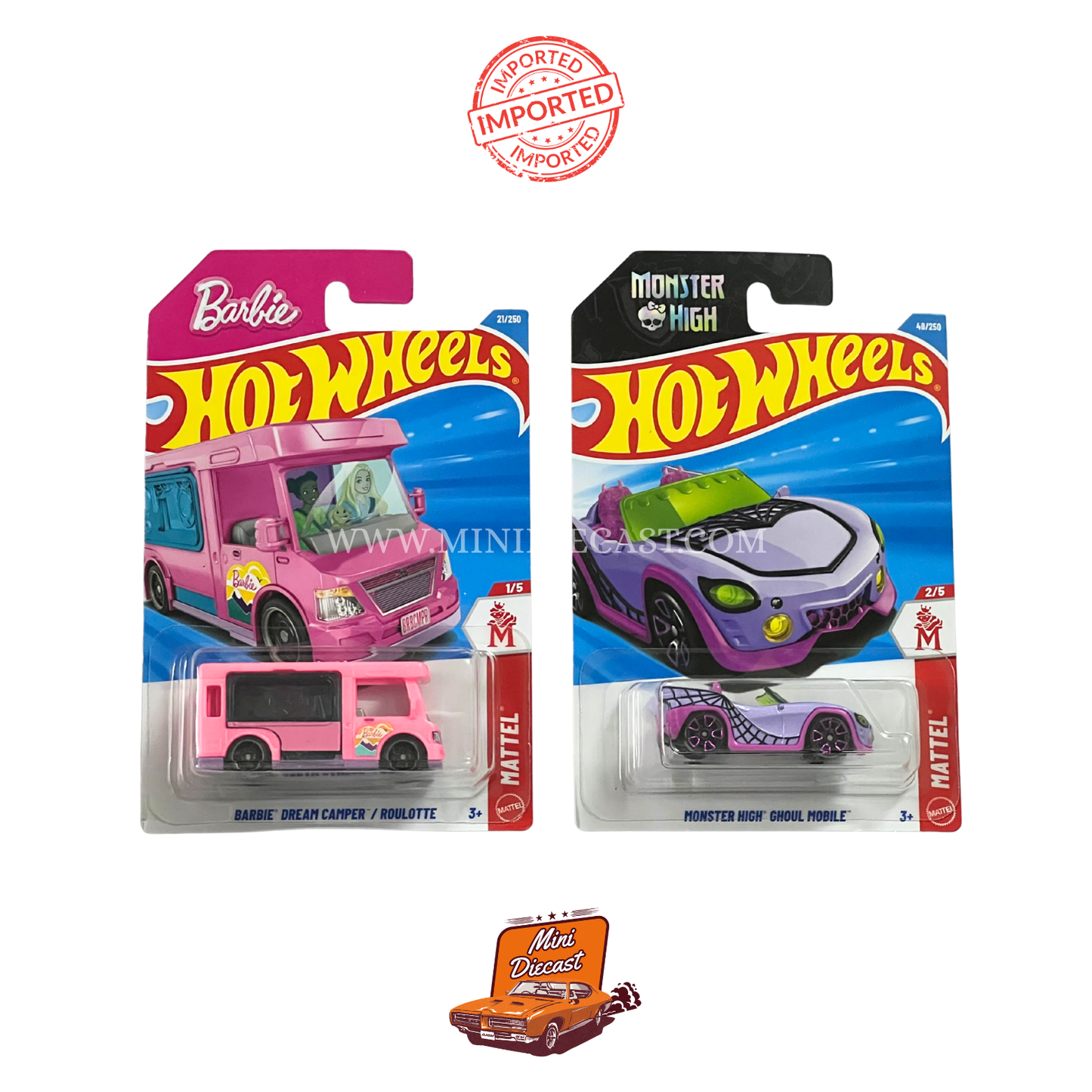 Hot Wheels Mainline (Set of 2) – Barbie Dream Camper (Roulotte) / Monster High™ Ghoul Mobile (Imported)