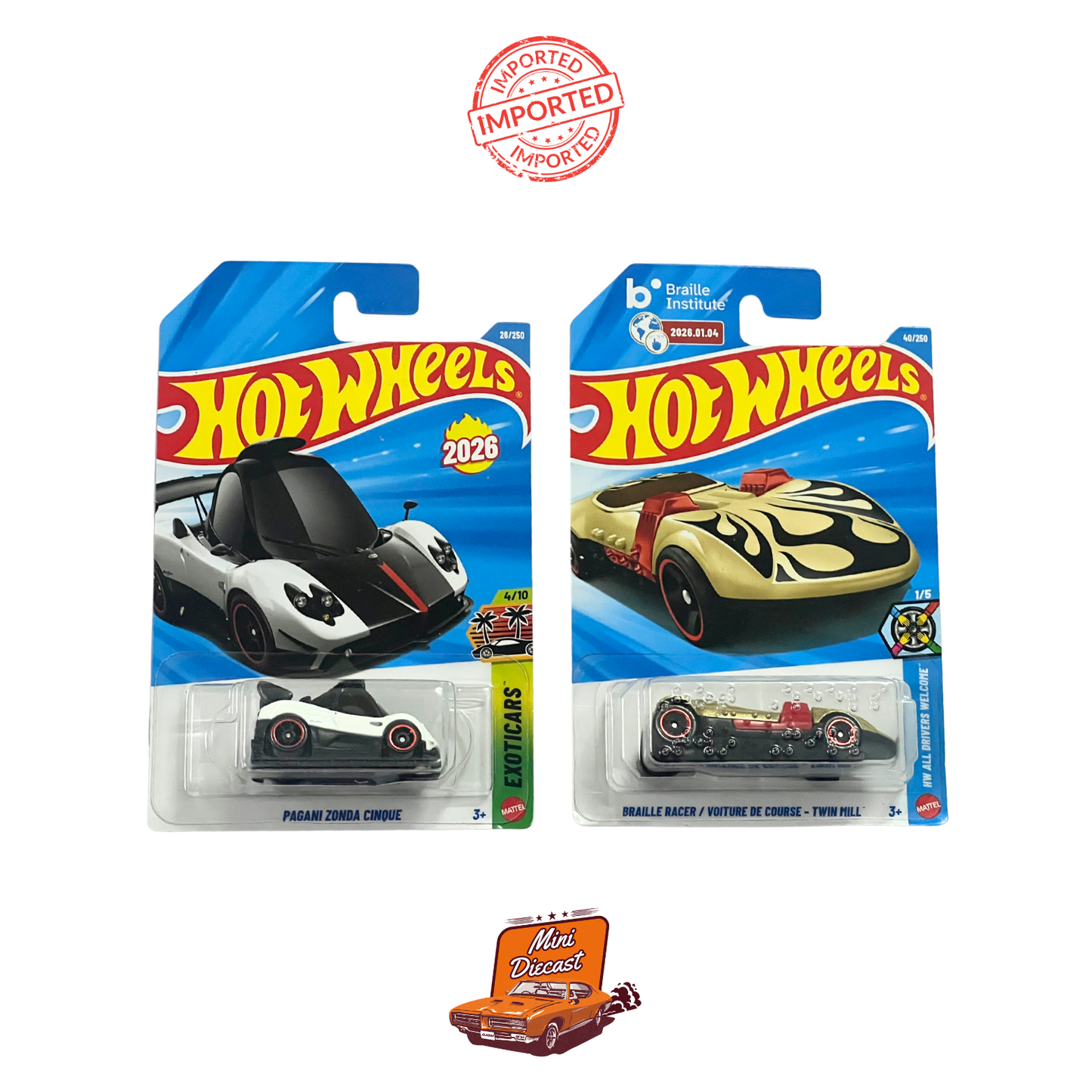 Hot Wheels Mainline (Set of 2) – Pagani Zonda Cinque / Braille Racer Twin Mill (Voiture de Course) (Imported)
