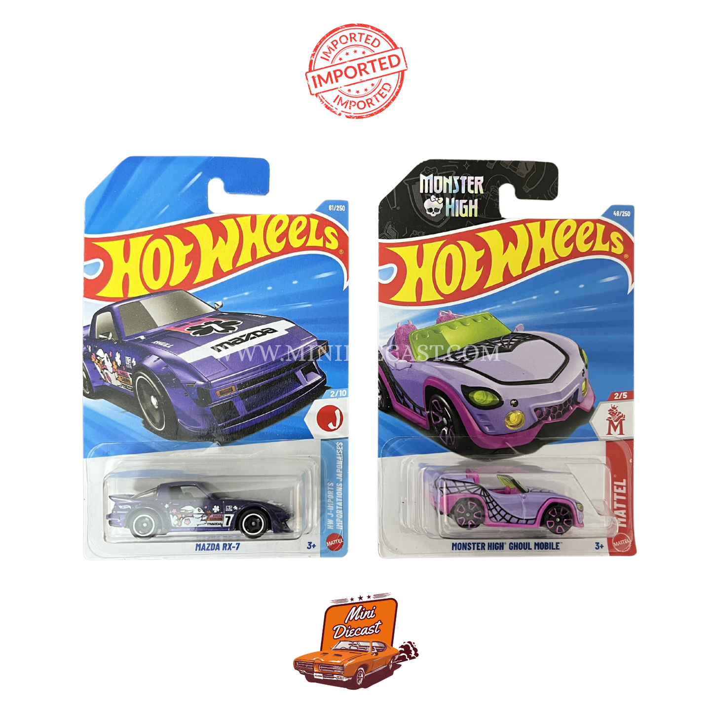 Hot Wheels Mainline (Set of 2) – Mazda RX-7 / Monster High Ghoul Mobile (Imported)