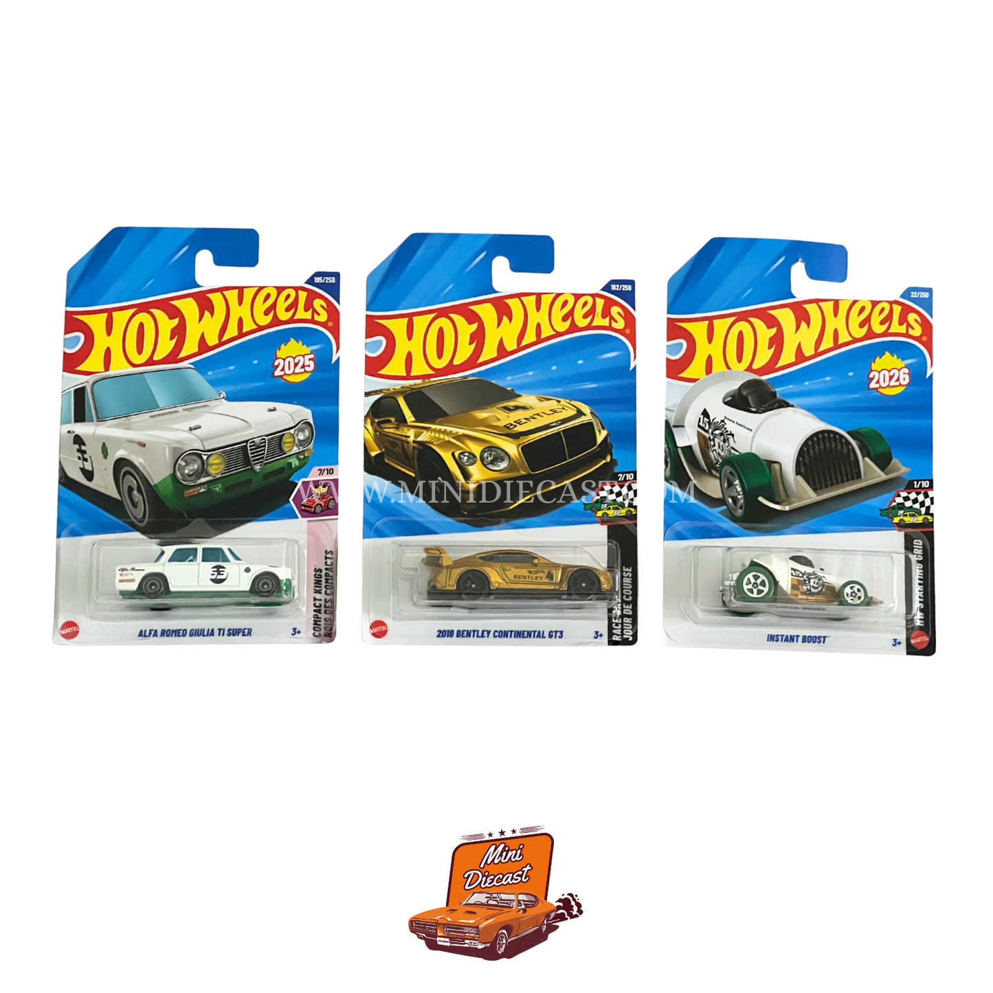 Hot Wheels Mainline (Set of 3) – Alfa Romeo Giulia TI Super / 2018 Bentley Continental GT3 / Instant Boost