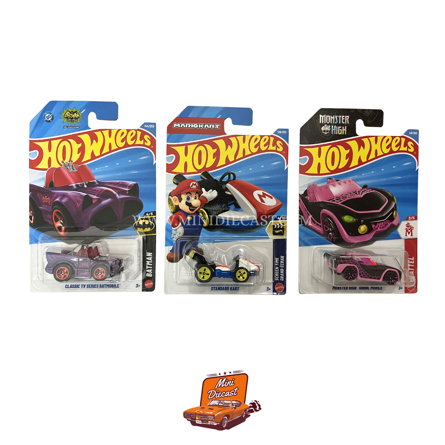 Hot Wheels Mainline (Set of 3) – Classic TV Series Batmobile / Standard Kart / Monster High Ghoul Mobile