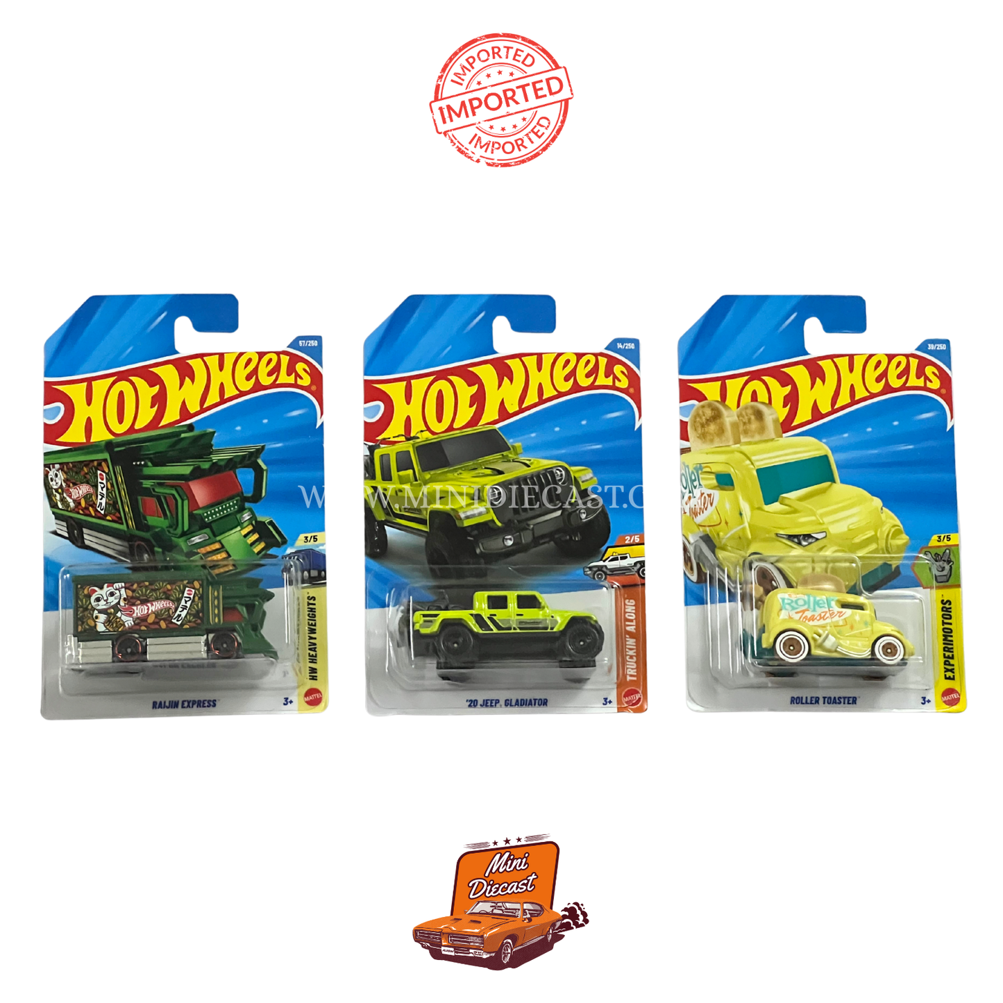 Hot Wheels Mainline (Set of 3) – Raijin Express / ’20 Jeep Gladiator / Roller Toaster™ (Imported)
