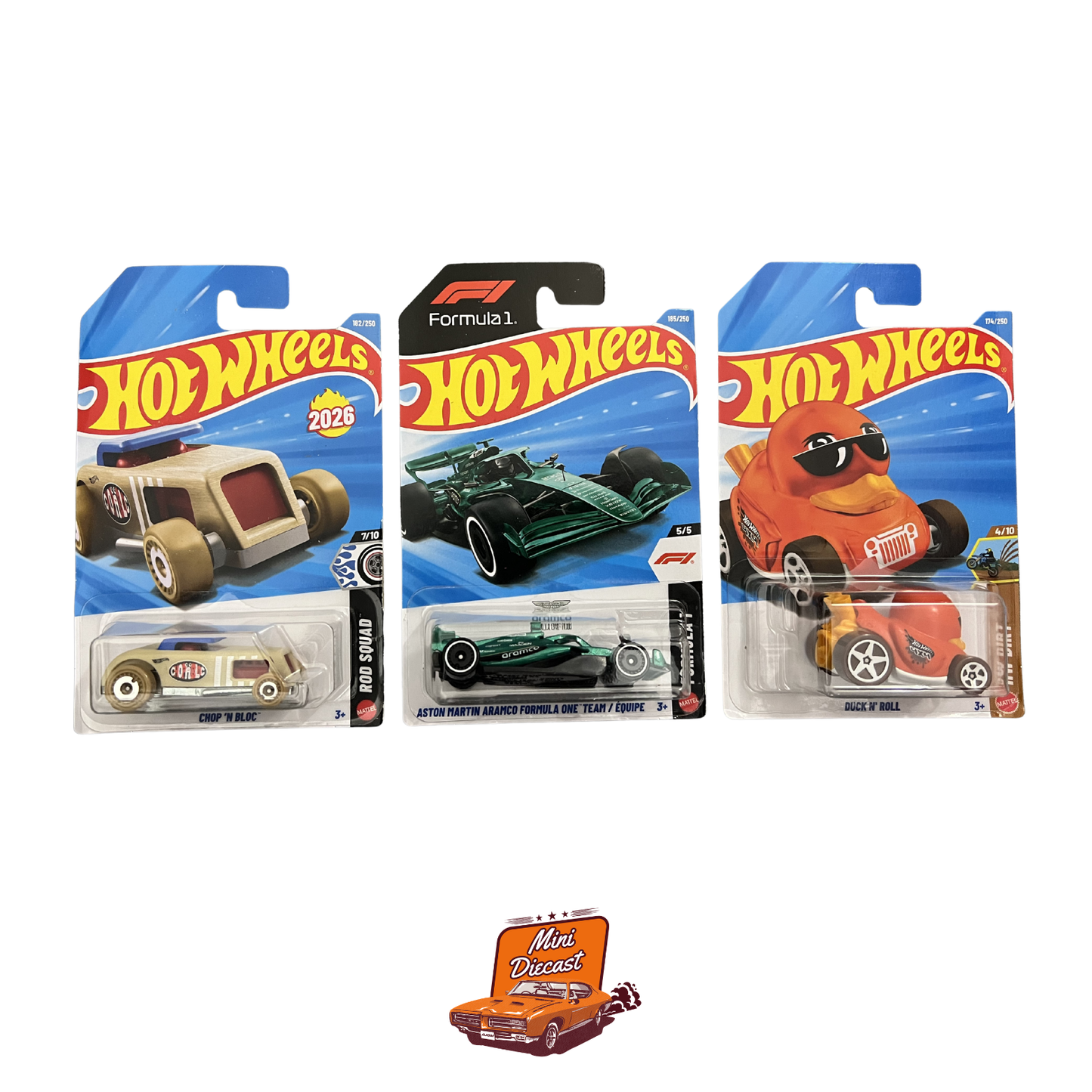 Hot Wheels Mainline (Set of 3) – Chop 'N Bloc / Aston Martin Aramco Formula One Team / Duck N' Roll
