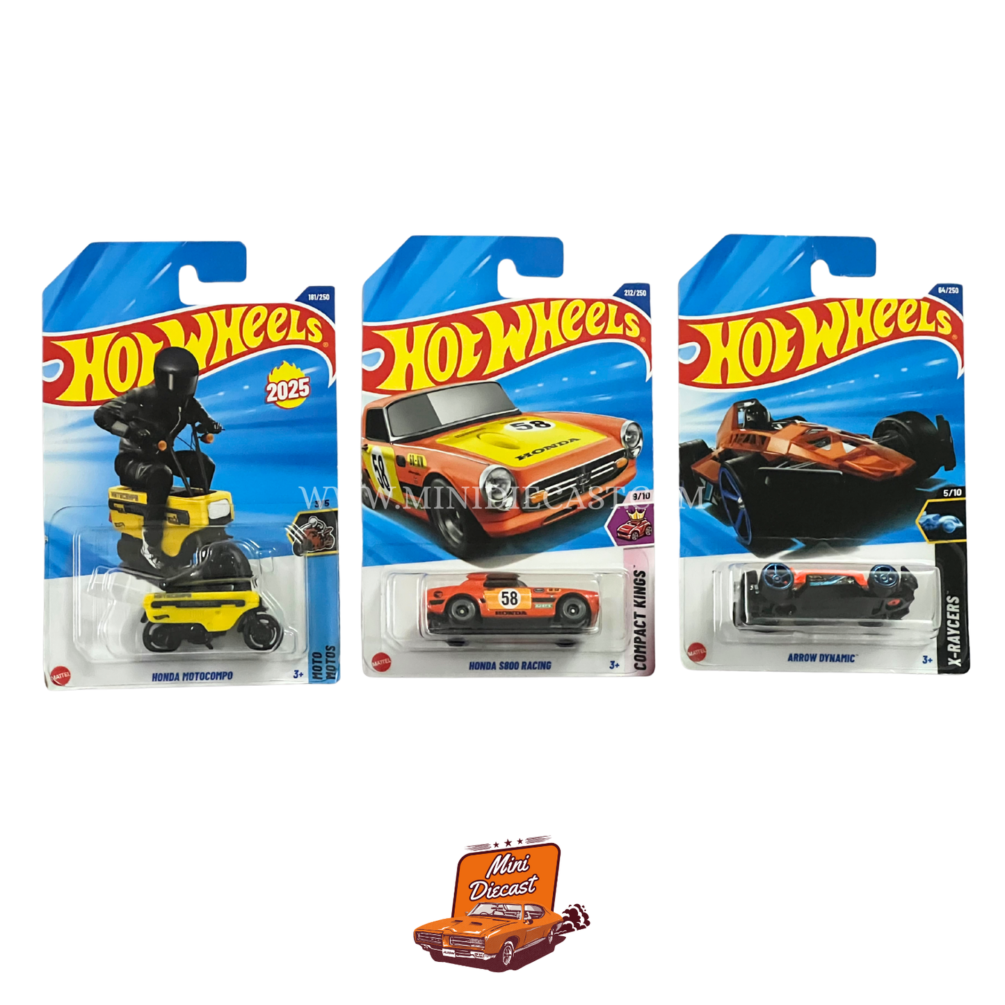 Hot Wheels Mainline (Set of 3) – Honda Motocompo / Honda S800 Racing / Arrow Dynamic