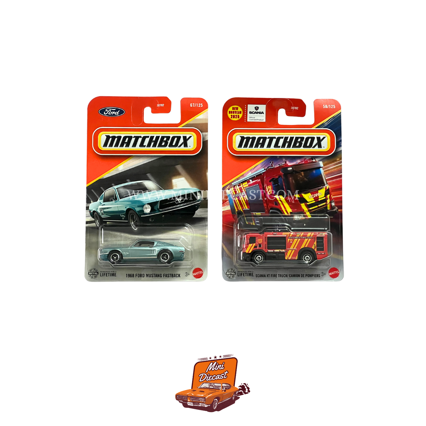 Matchbox (Set of 2) – 1968 Ford Mustang Fastback / Scania XT Fire Truck