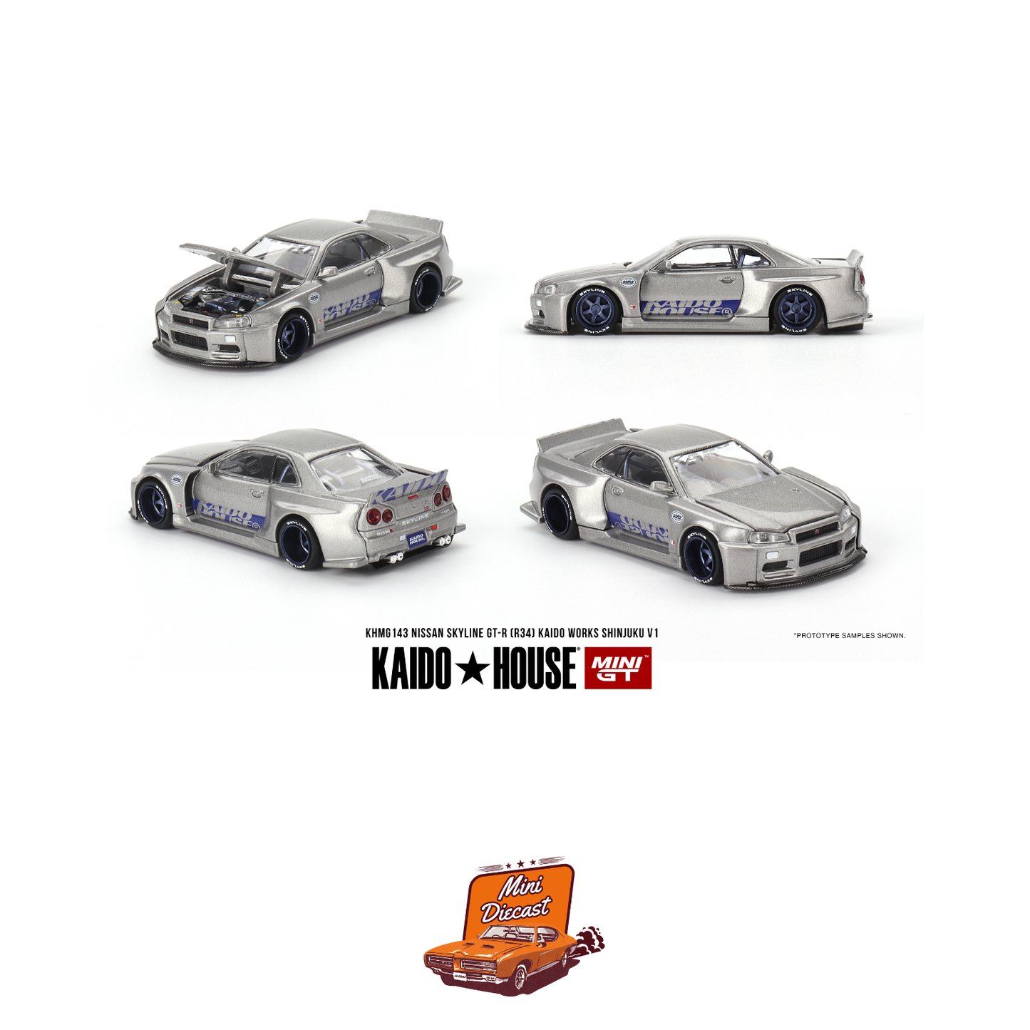 Unsealed - Mini GT Kaido House #143 Nissan Skyline GT-R (R34) Kaido Works Shinjuku V1 (Imported)