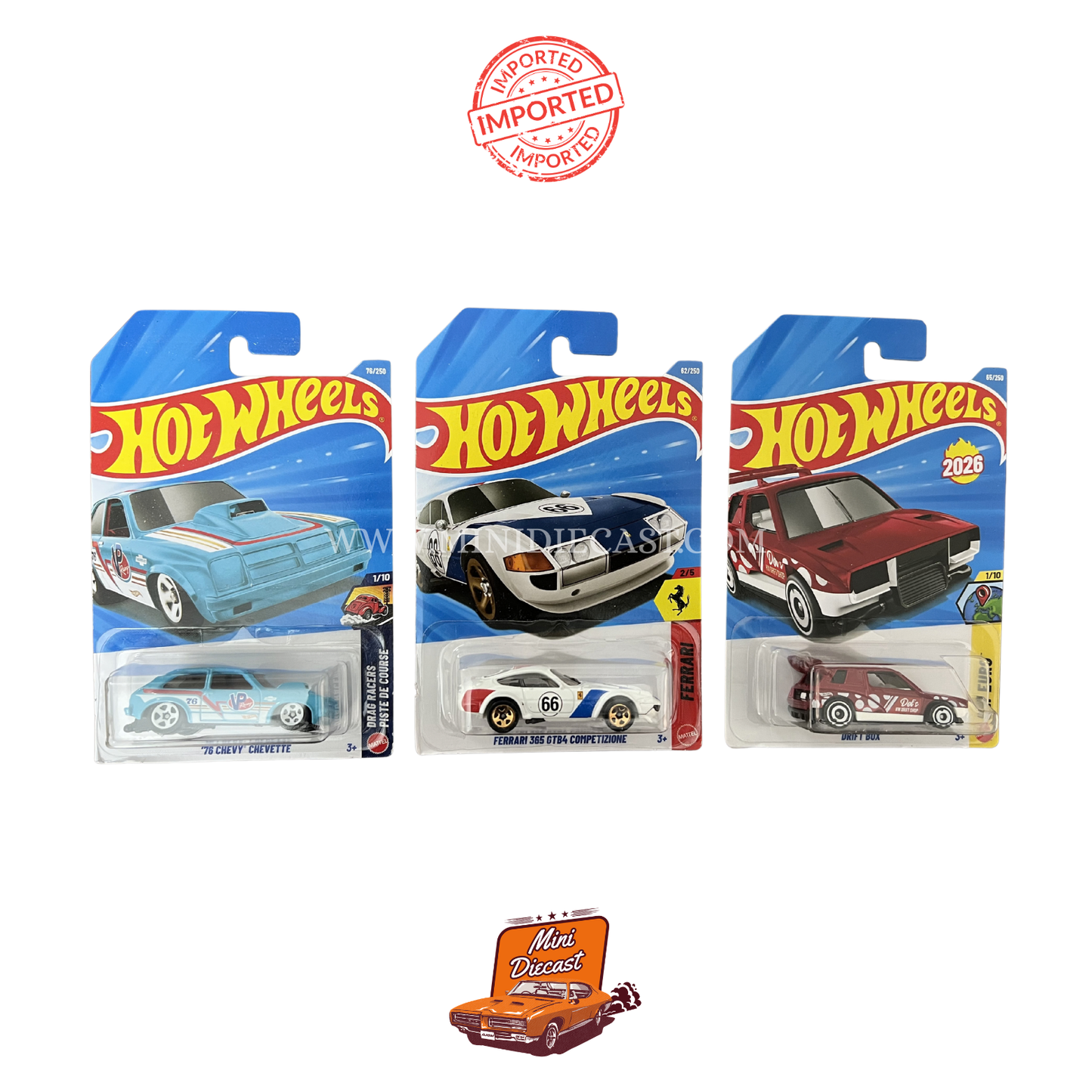Hot Wheels Mainline (Set of 3) – ’76 Chevy Chevette / Ferrari 365 GTB4 Competizione / Drift Box (Imported)