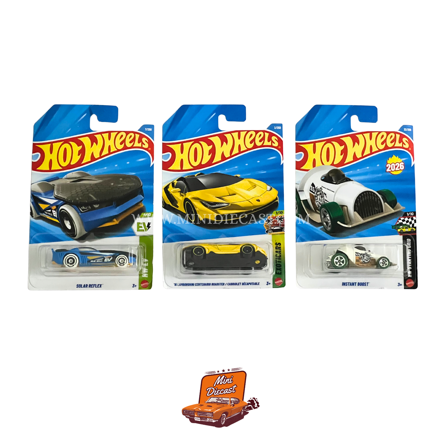 Hot Wheels Mainline (Set of 3) – Solar Reflex / ’16 Lamborghini Centenario Roadster / Instant Boost