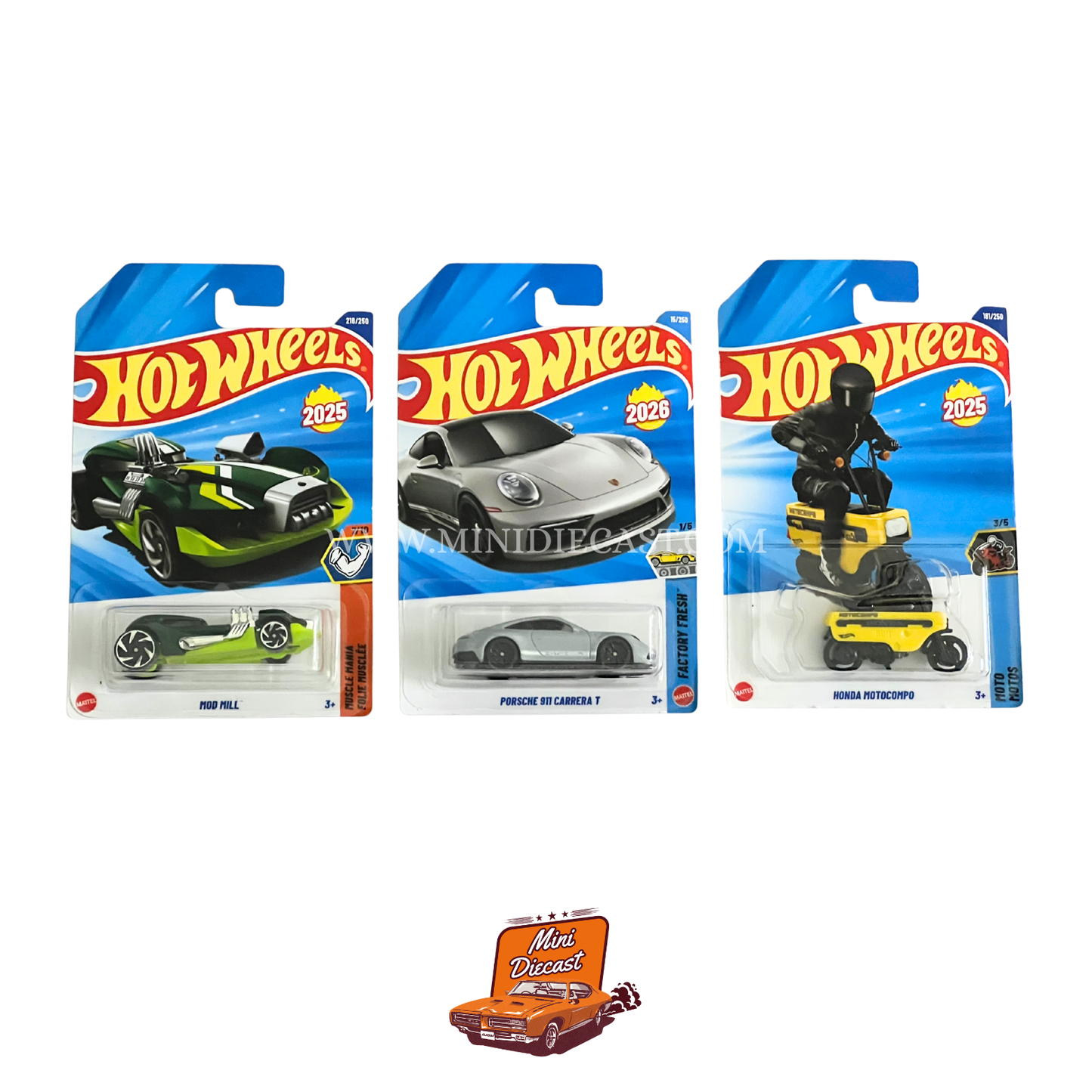 Hot Wheels Mainline (Set of 3) – Mod Mill / Porsche 911 Carrera T / Honda Motocompo