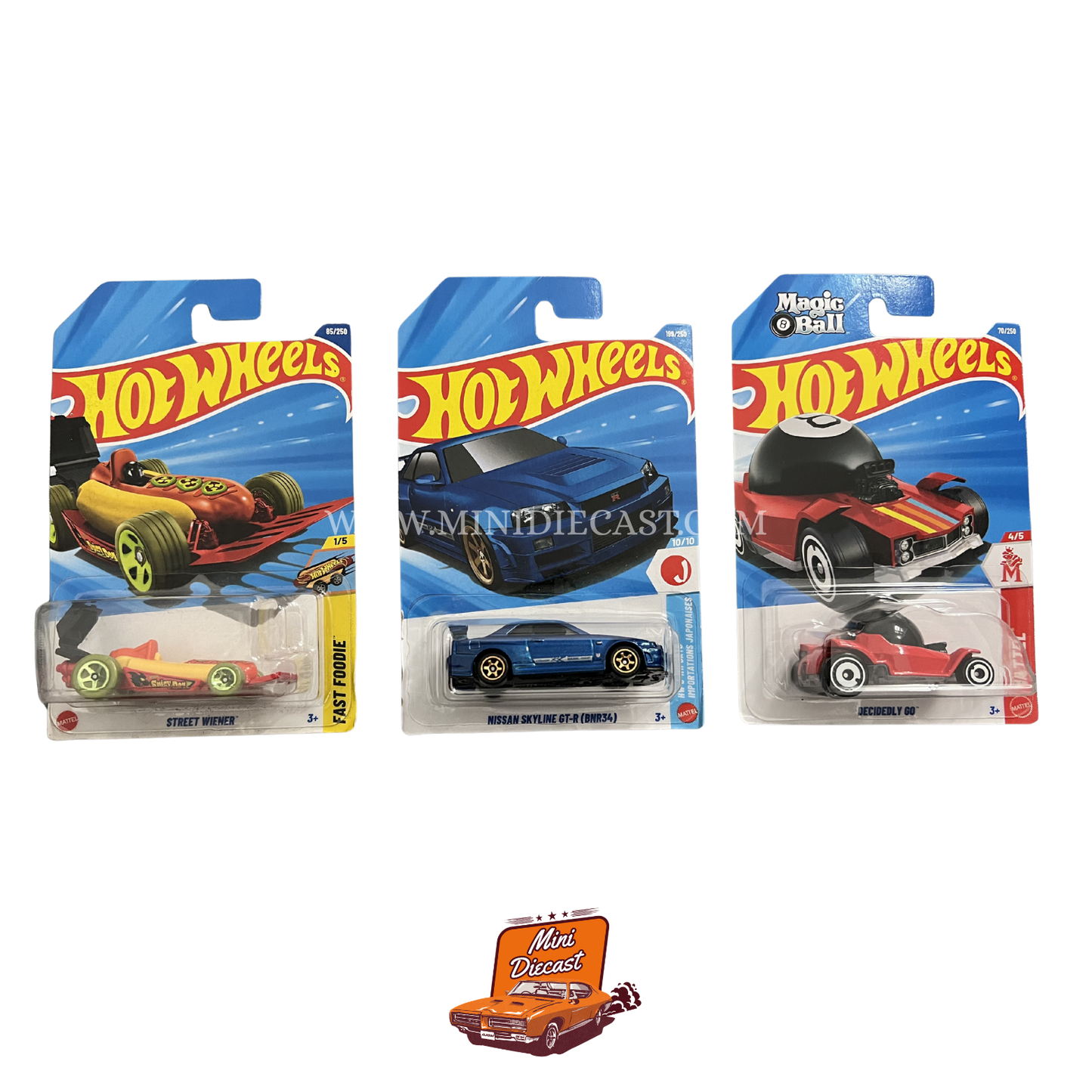 Hot Wheels Mainline (Set of 3) – Street Wiener / Nissan Skyline GT-R (BNR34) / Decidedly Go
