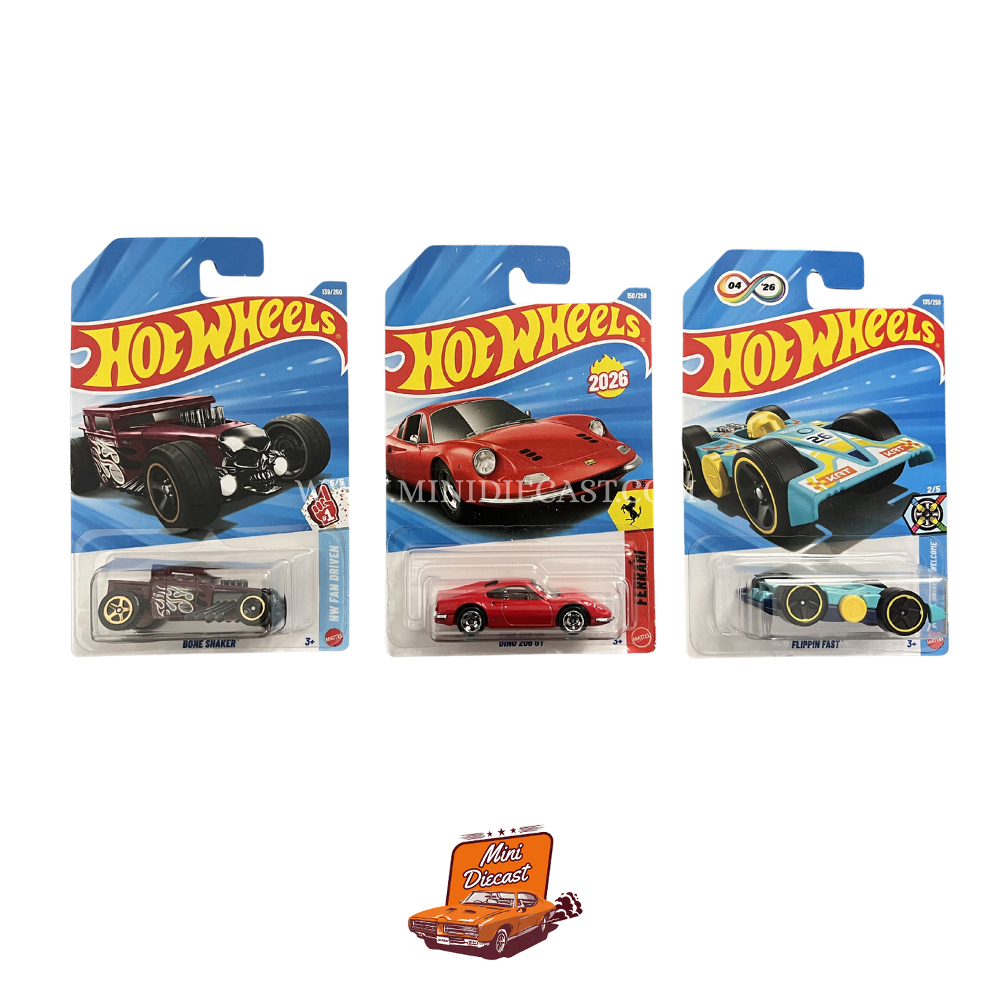 Hot Wheels Mainline (Set of 3) – Bone Shaker / Dino 206 GT / Flippin Fast