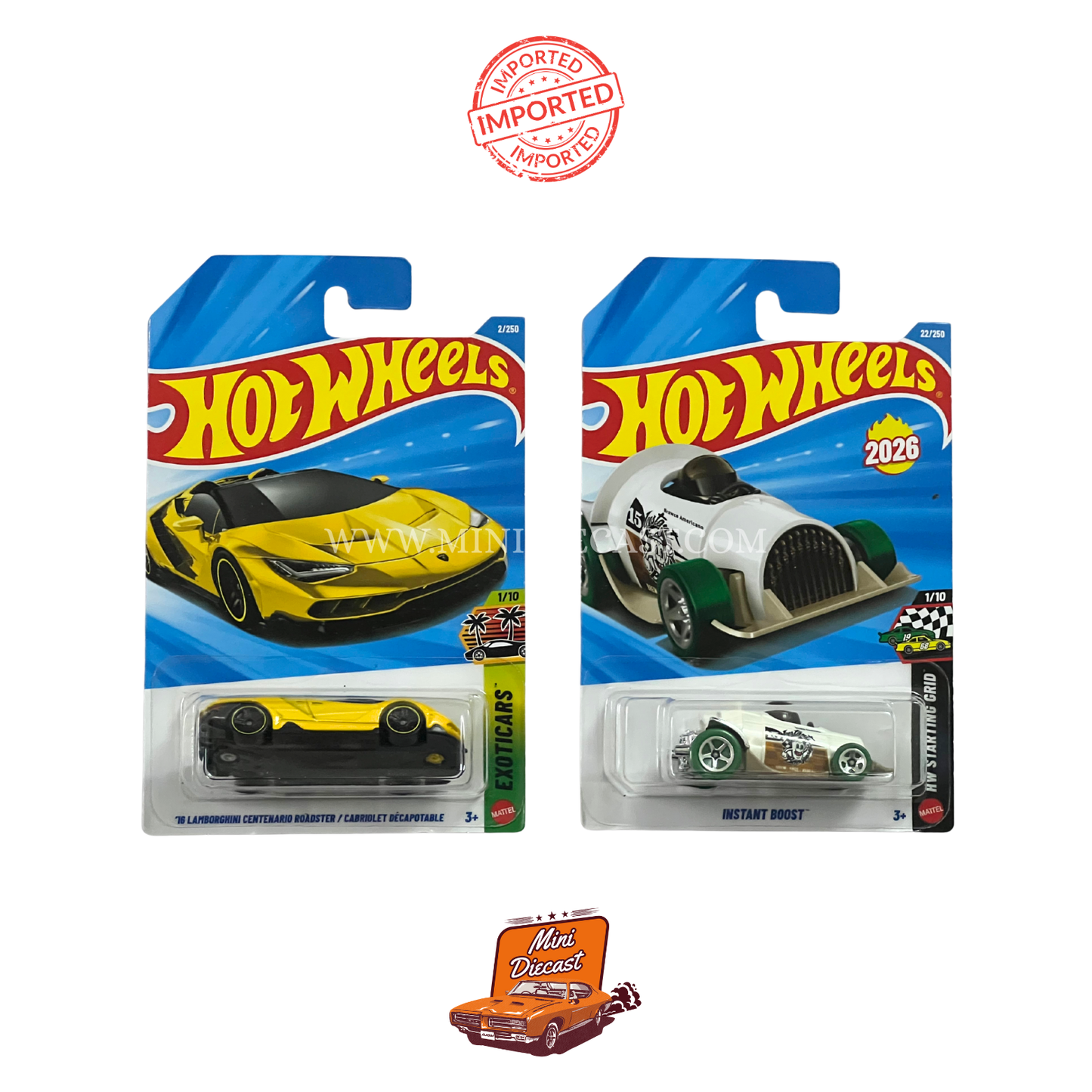Hot Wheels Mainline (Set of 2) – ’16 Lamborghini Centenario Roadster / Instant Boost (Imported)