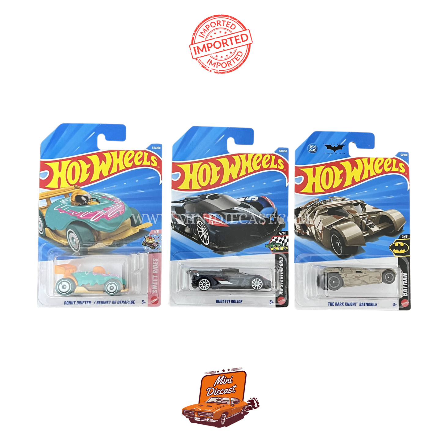 Hot Wheels Mainline (Set of 3) – Donut Drifter / Bugatti Bolide / The Dark Knight Batmobile (Imported)