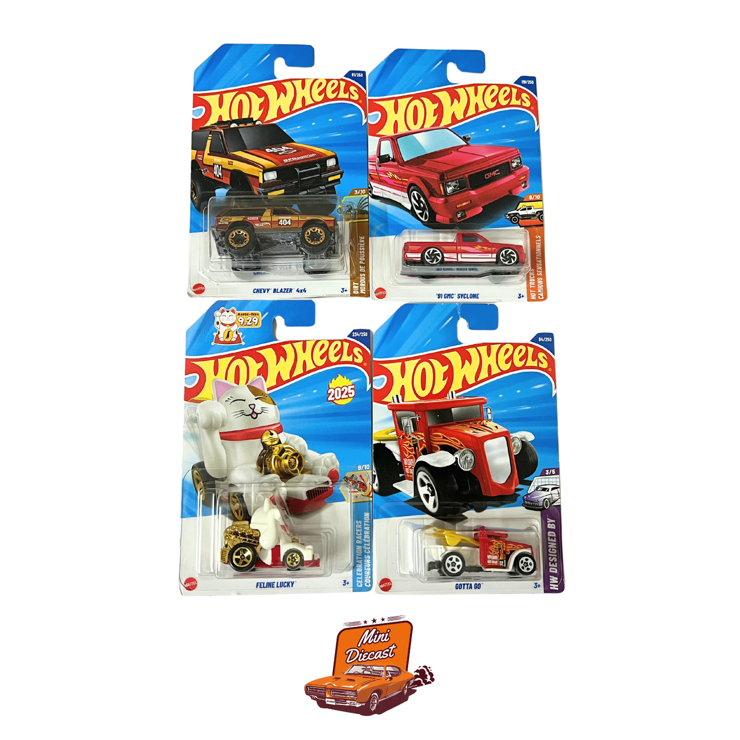 Hot Wheels Mainline (Set of 4) – Chevy Blazer 4x6 / ’81 GMC Syclone / Feline Lucky / Gotta Go