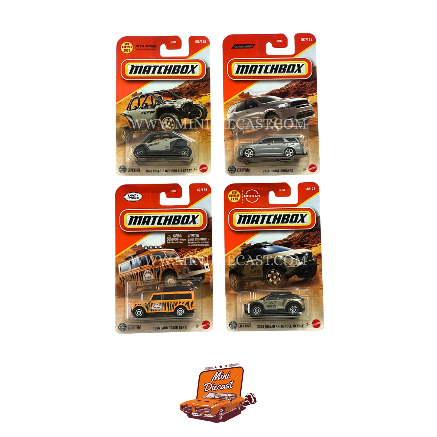 Matchbox (Set of 4) – 2025 Polaris RZR Pro R 4 Sport / 2018 Dodge Durango / 1966 Land Rover Gen II / 2023 Nissan Ariya Pole to Pole