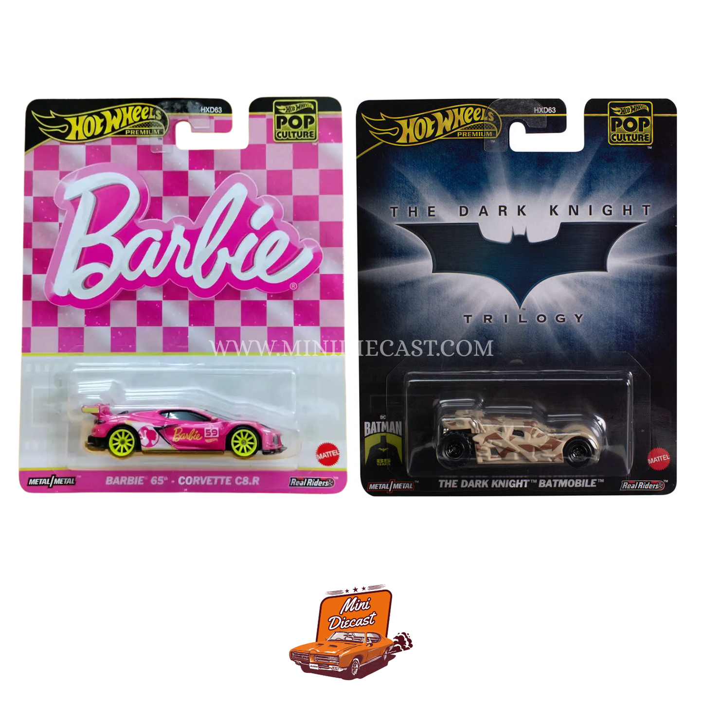 Hot Wheels Premium Pop Culture (Set of 2) – Barbie ’65 Corvette C8.R / The Dark Knight Batmobile