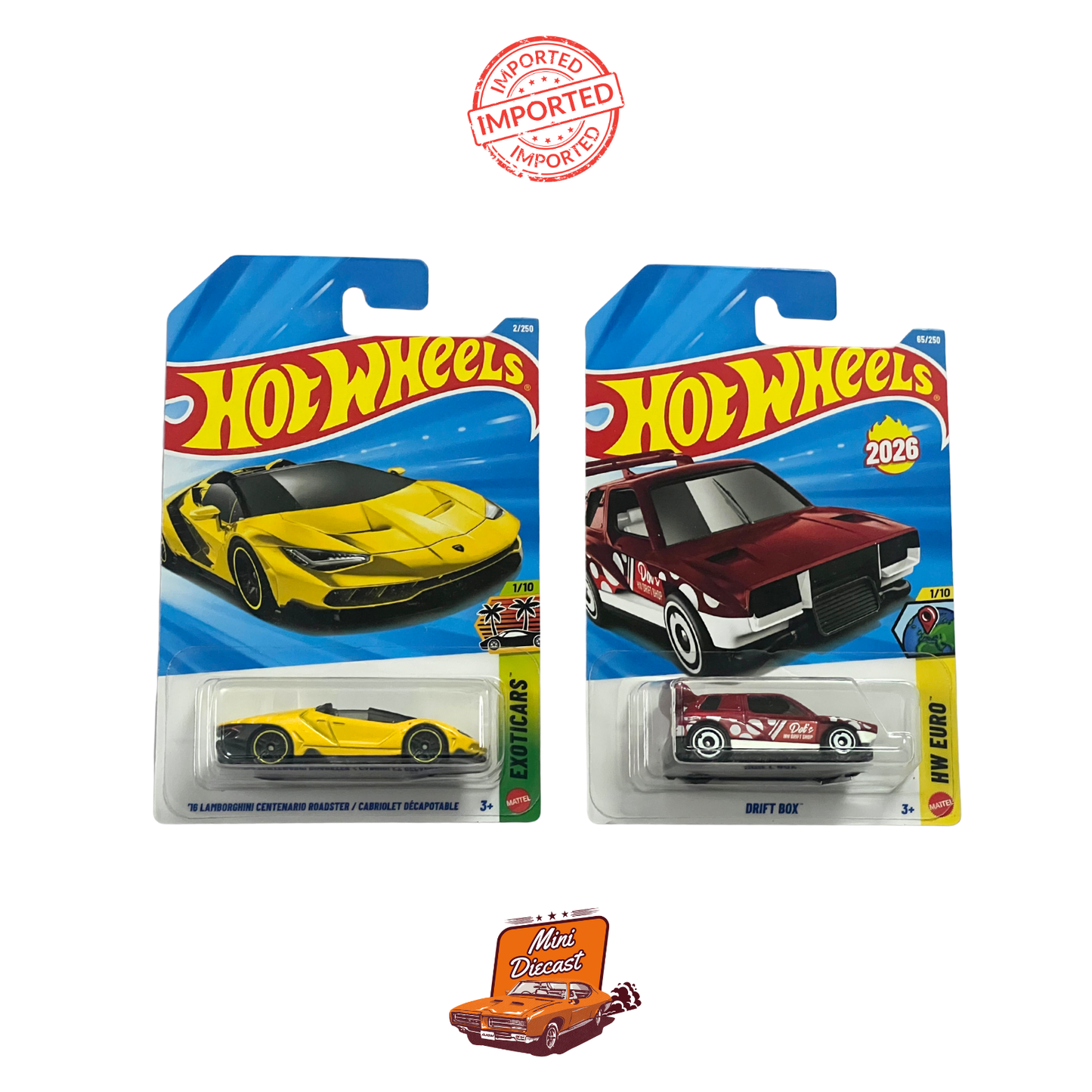 Hot Wheels Mainline (Set of 2) – Lamborghini Centenario Roadster / Drift Box (Imported)