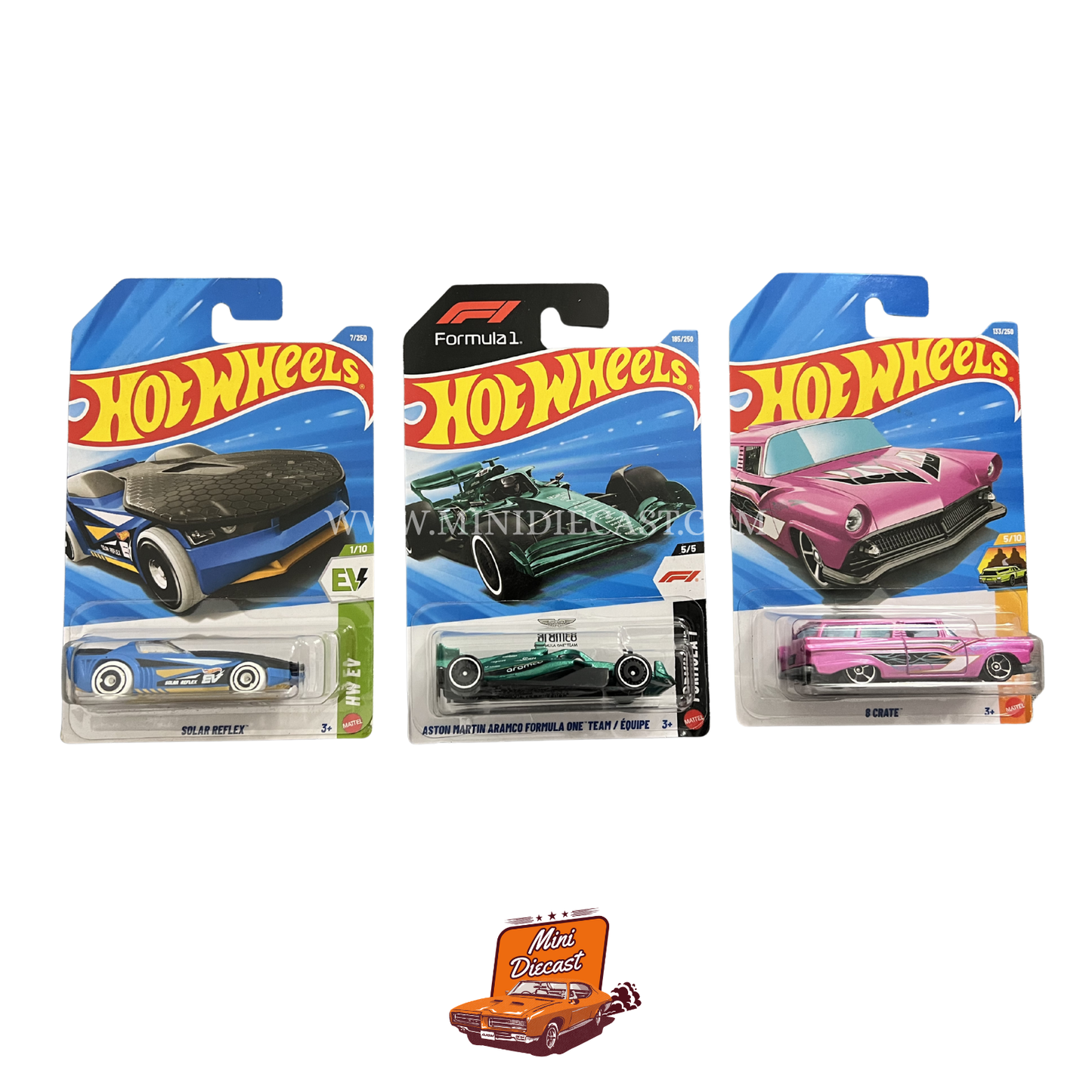Hot Wheels Mainline (Set of 3) – Solar Reflex / Aston Martin Aramco Formula One Team / 8 Crate
