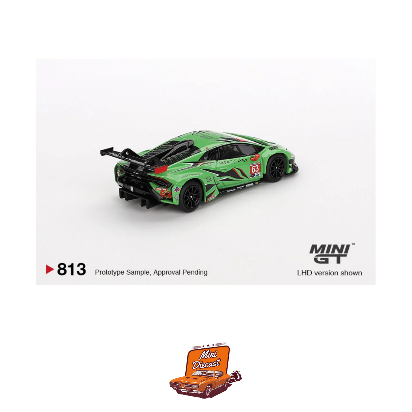 Mini GT #813 Lamborghini Huracán GT3 EVO2 #63 Iron Lynx IMSA 2023 Daytona 24 Hrs