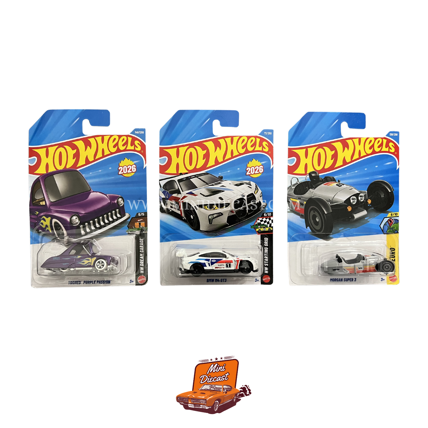 Hot Wheels Mainline (Set of 3) – Tooned Purple Passion / BMW M4 GT3 / Morgan Super 3