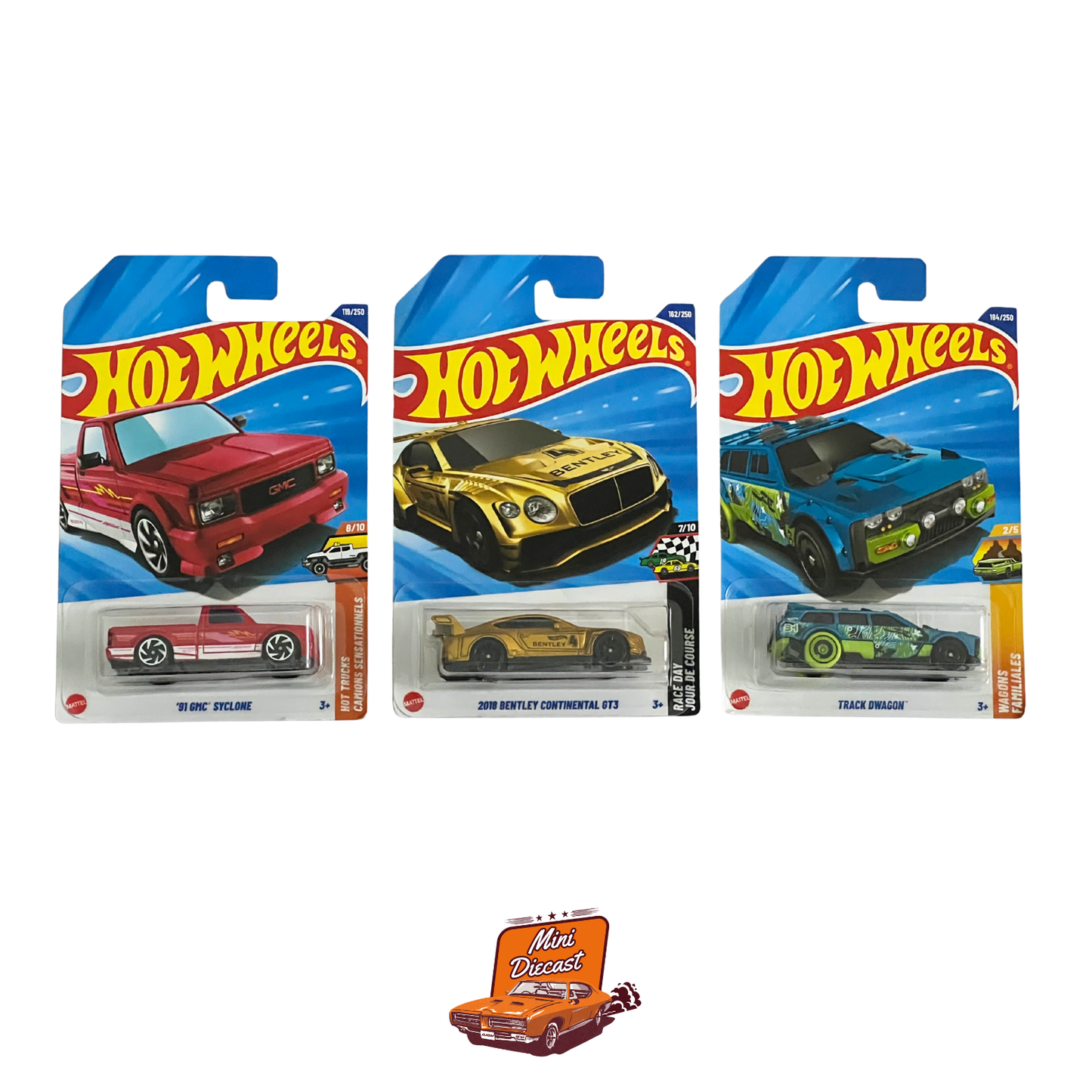 Hot Wheels Mainline (Set of 3) – ’91 GMC Syclone / 2018 Bentley Continental GT3 / Track DWagon