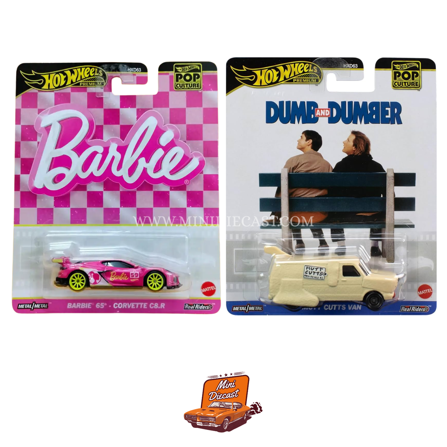 Hot Wheels Premium Pop Culture (Set of 2) – Barbie ’65 Corvette C8.R / Dumb and Dumber Mutt Cutts Van