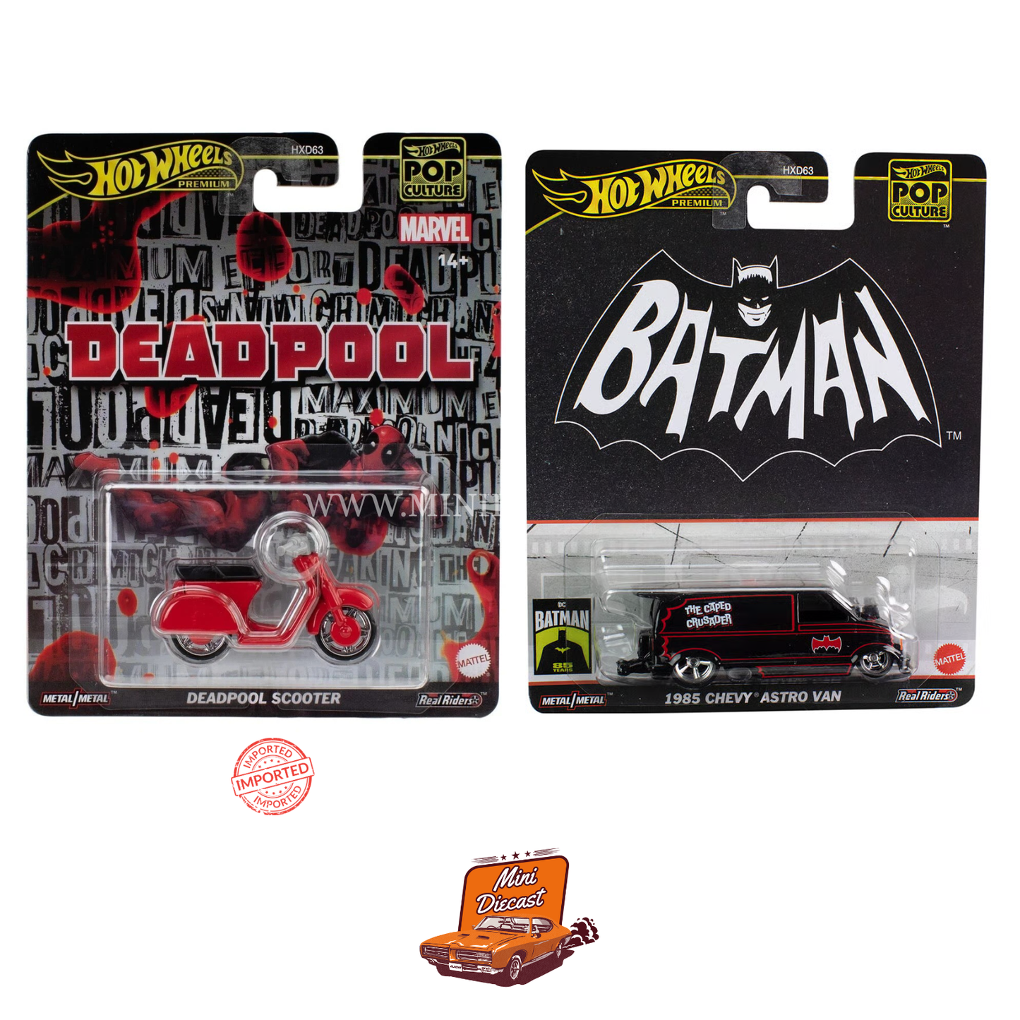 Hot Wheels Premium Pop Culture (Set of 2) – Deadpool Scooter (Imported) / Batman 1985 Chevy Astro Van