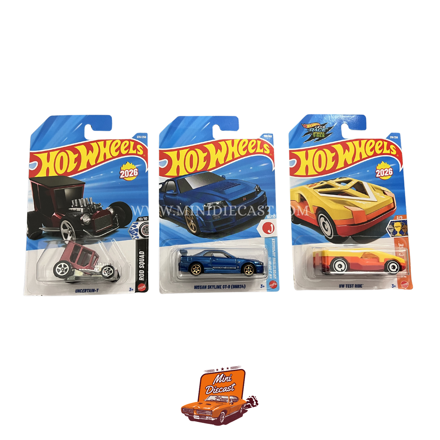 Hot Wheels Mainline (Set of 3) – Uncertain-T / Nissan Skyline GT-R (BNR34) / HW Test Ride