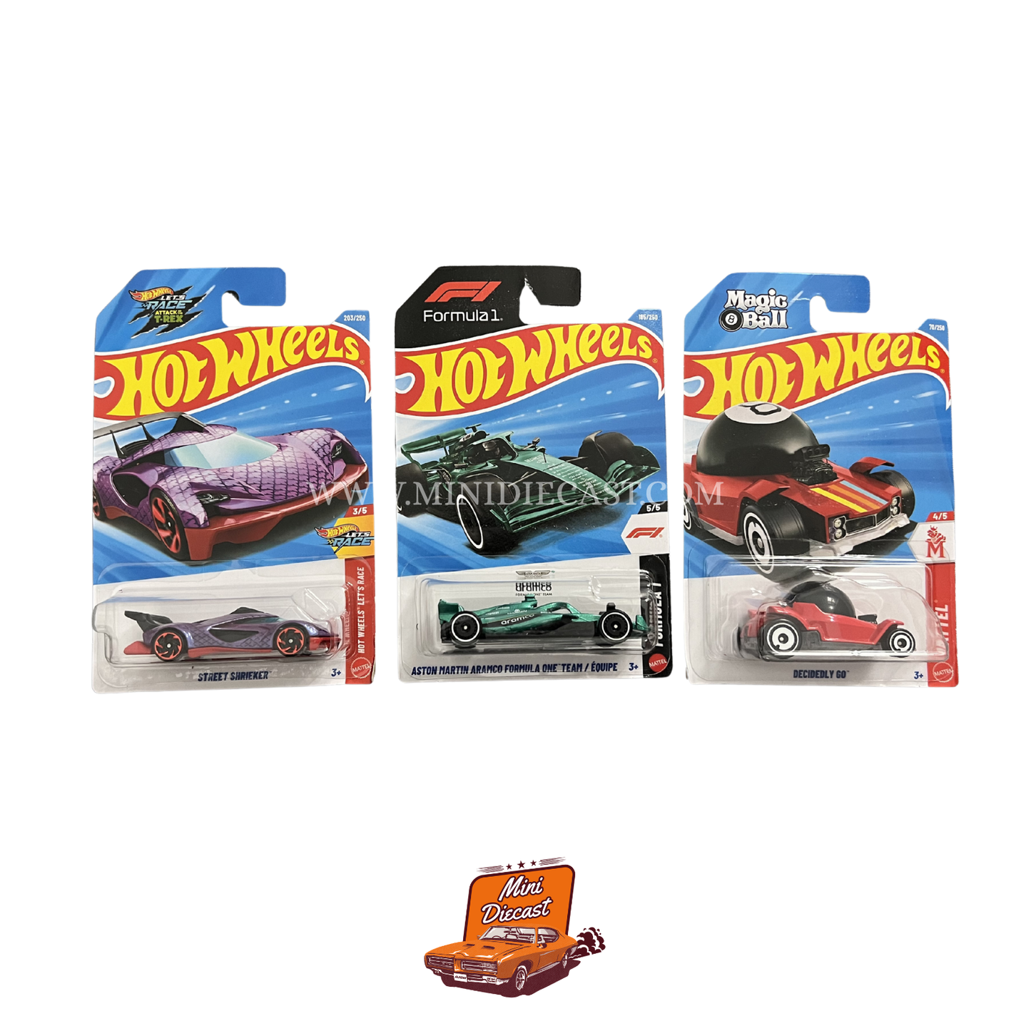 Hot Wheels Mainline (Set of 3) – Street Shrieker / Aston Martin Aramco Formula One Team / Decidedly Go