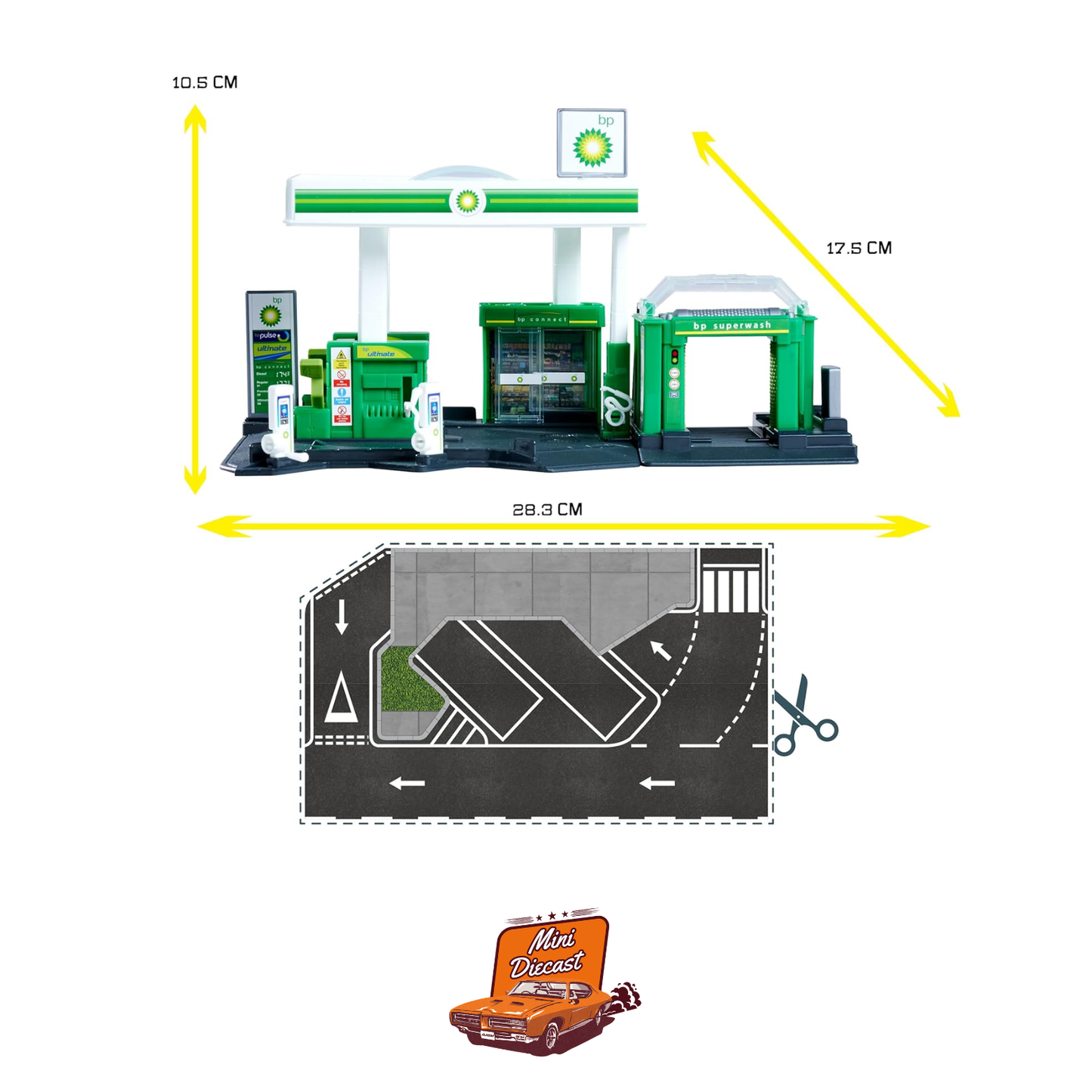 Majorette Petrol Station BP + Vehicle | Includes 1 Fuel Tanker | Car Wash, Shop & EV Charger | Suitable for 1:64 Scale Vehicles