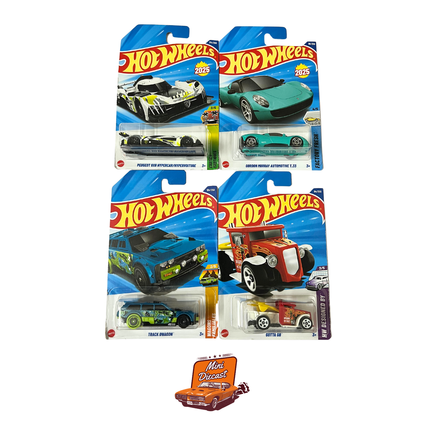 Hot Wheels Mainline (Set of 4) – Peugeot 9X8 Hypercar / Gordon Murray Automotive T.33 / Track Dwagon / Gotta Go