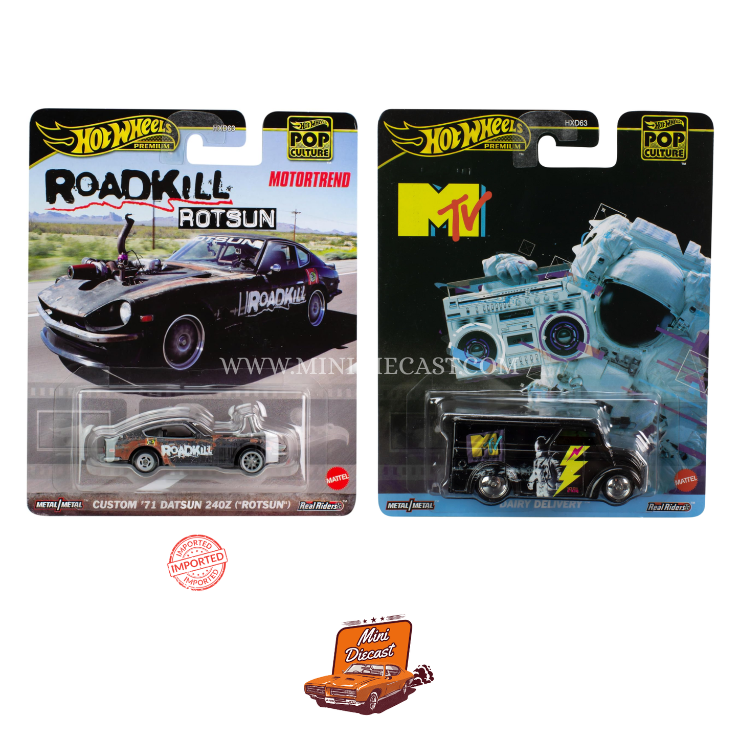 Hot Wheels Premium Pop Culture (Set of 2) – Custom ’71 Datsun 240Z “ROTSUN” (Imported) / Dairy Delivery MTV