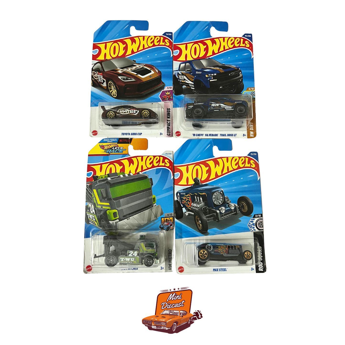 Hot Wheels Mainline (Set of 4) – Toyota GR86 Cup / ’19 Chevy Silverado Trail Boss LT / Heavy Hitcher / Max Steel