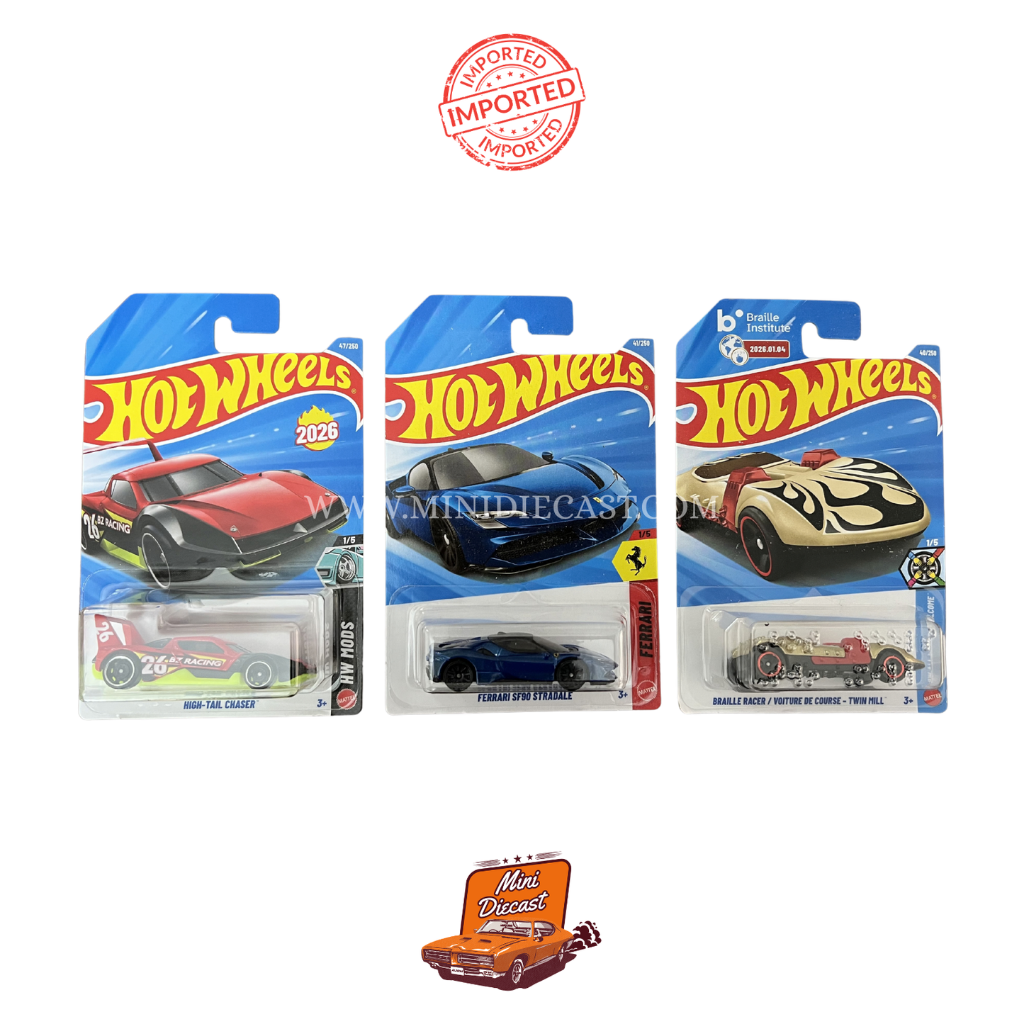 Hot Wheels Mainline (Set of 3) – High-Tail Chaser / Ferrari SF90 Stradale / Braille Racer (Imported)