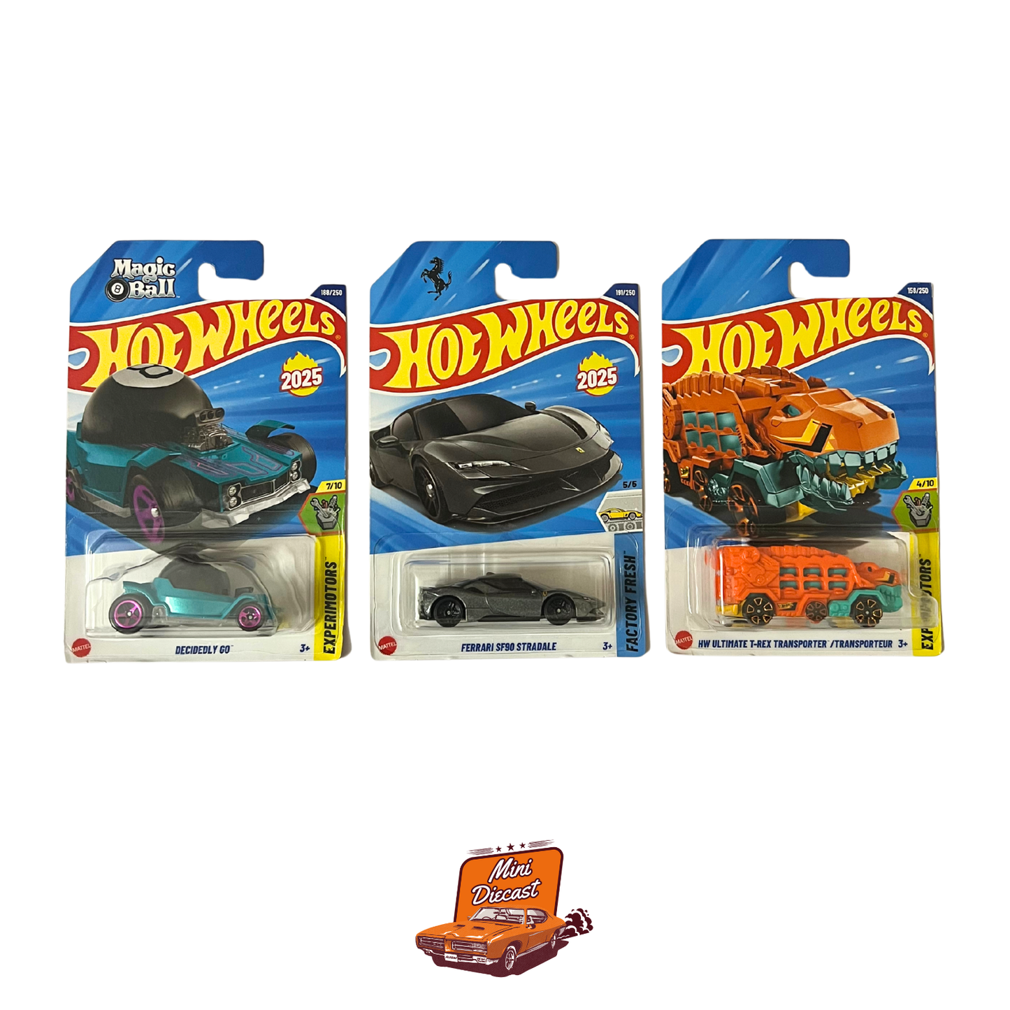 Hot Wheels Mainline (Set of 3) – Decidedly Go / Ferrari SF90 Stradale / HW Ultimate T-Rex Transporter