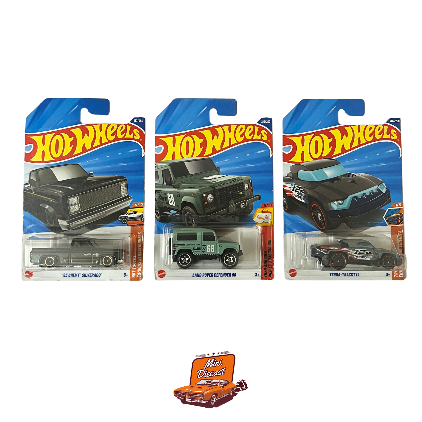 Hot Wheels Mainline (Set of 3) – ’83 Chevy Silverado / Land Rover Defender 90 / Terra-Tracktyl