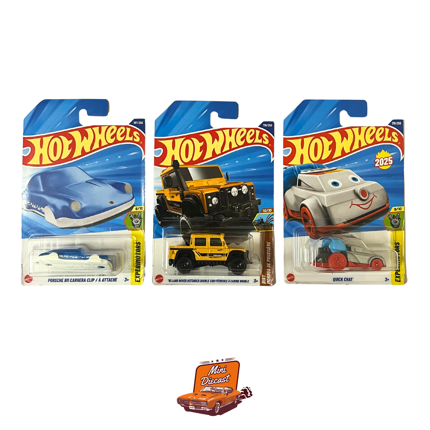 Hot Wheels Mainline (Set of 3) – Porsche 911 Carrera Clip / ’15 Land Rover Double Cab / Quick Chat