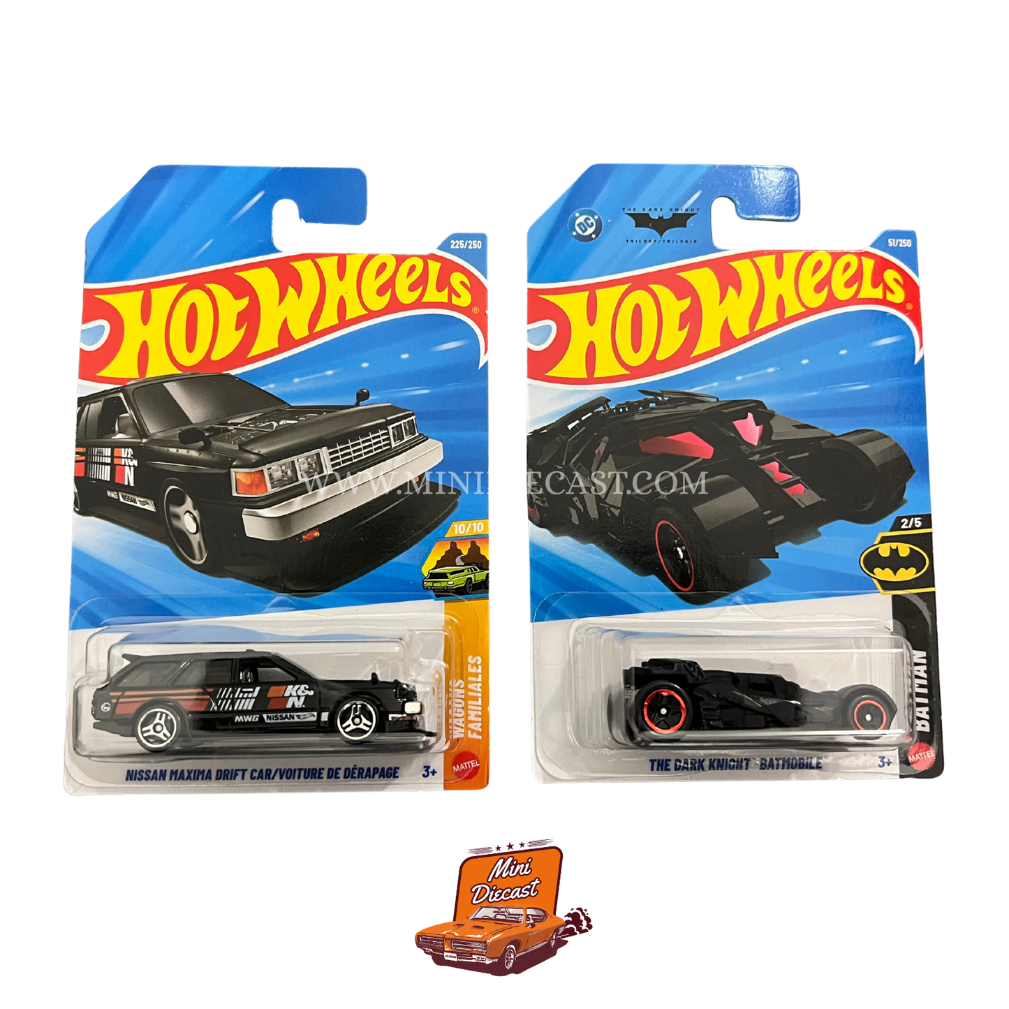 Hot Wheels Mainline (Set of 2) – Nissan Maxima Drift Car / The Dark Knight Batmobile