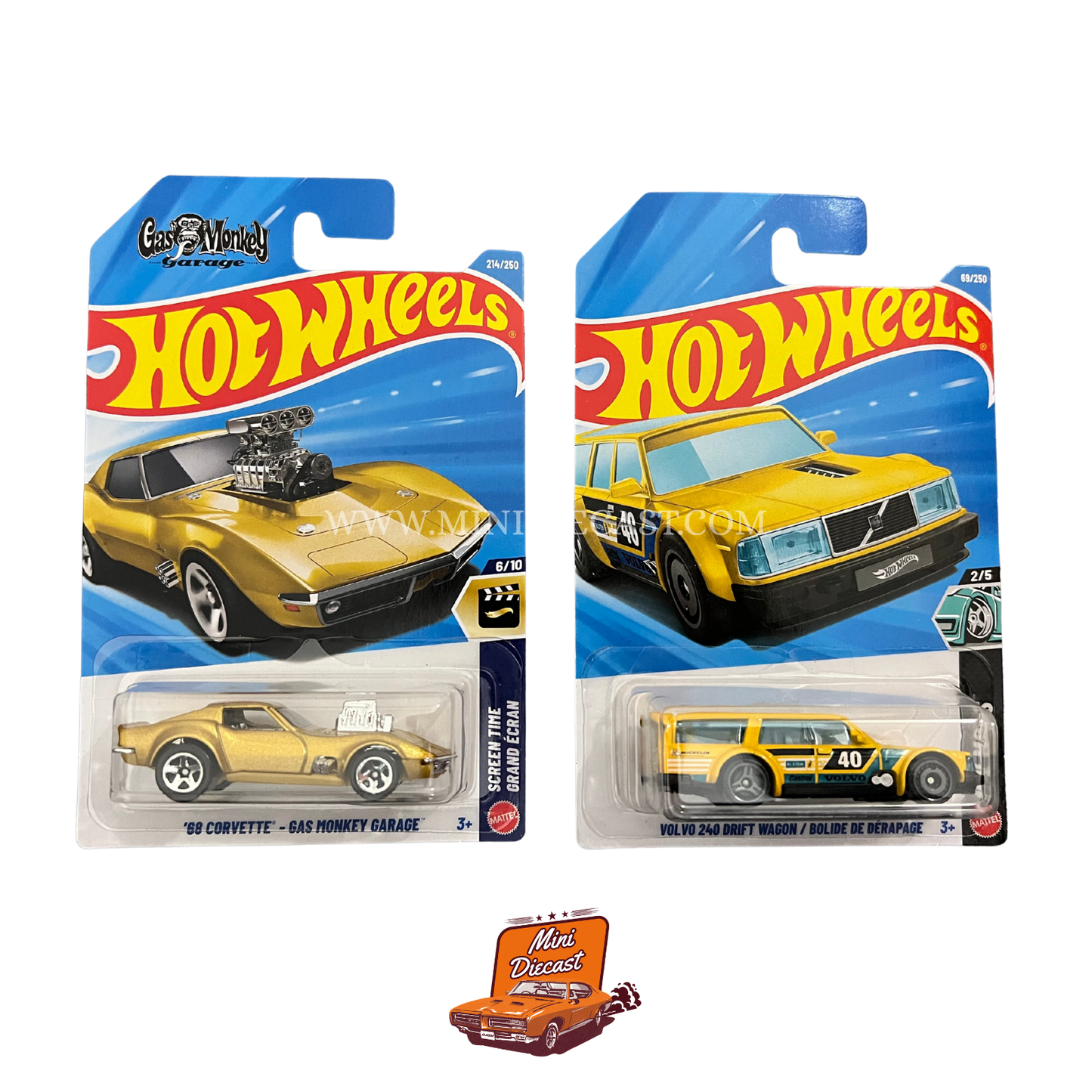 Hot Wheels Mainline (Set of 2) – '68 Corvette – Gas Monkey Garage / Volvo 240 Drift Wagon