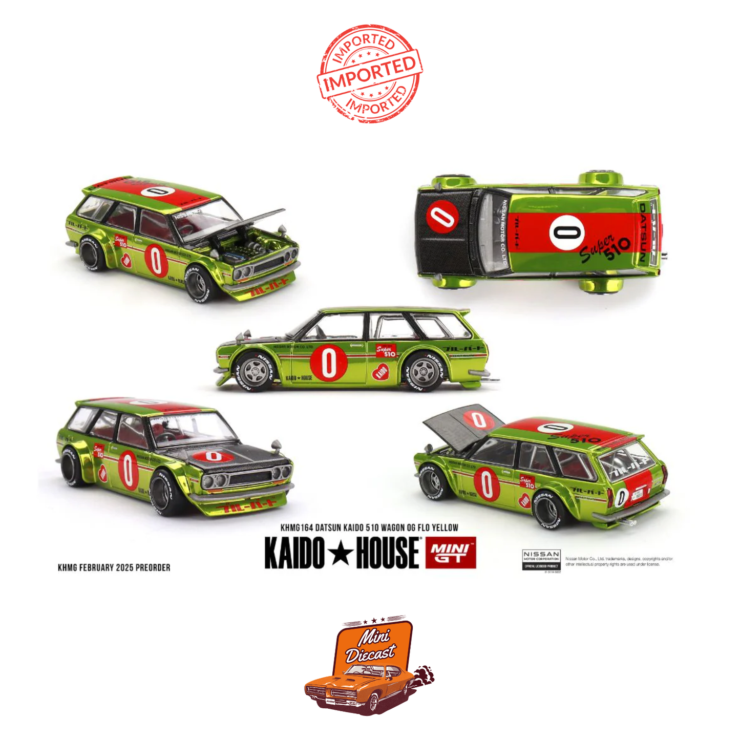 Mini GT #164: Kaido House Datsun KAIDO 510 Wagon OG Flo Yellow (Unsealed – Seal Broken in Transit, Never Opened / Imported)