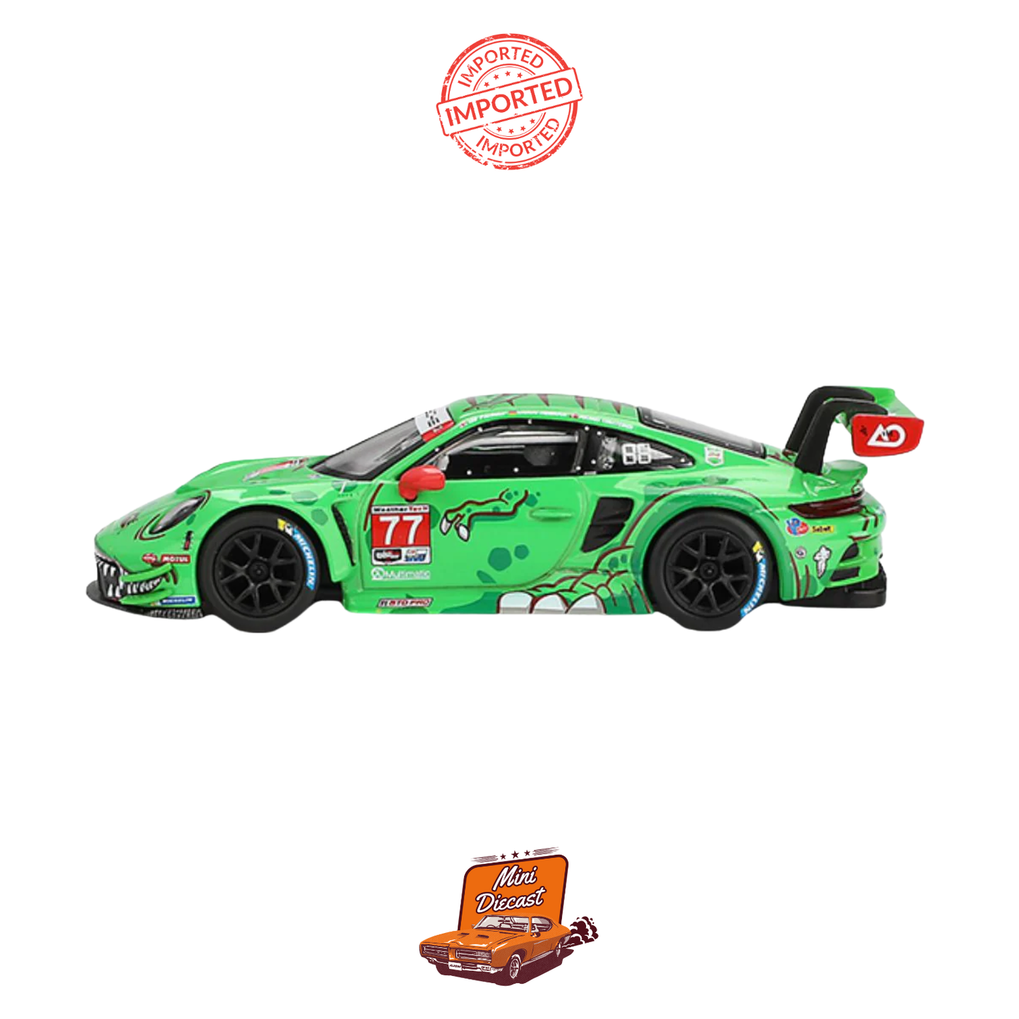 Mini GT #889: Porsche 911 GT3 R 'Rexy' #77 AO Racing 2024 IMSA Daytona 24 Hrs GTD Pro 2nd Place – Box Version (Sealed / Imported)