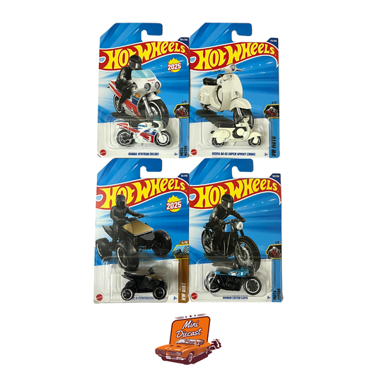 Hot Wheels Mainline (Set of 4) – Honda VFR750R (RC30) / Vespa 90 SS Super Sprint (1966) / Tesla Cyberquad / Honda CB750 Cafe